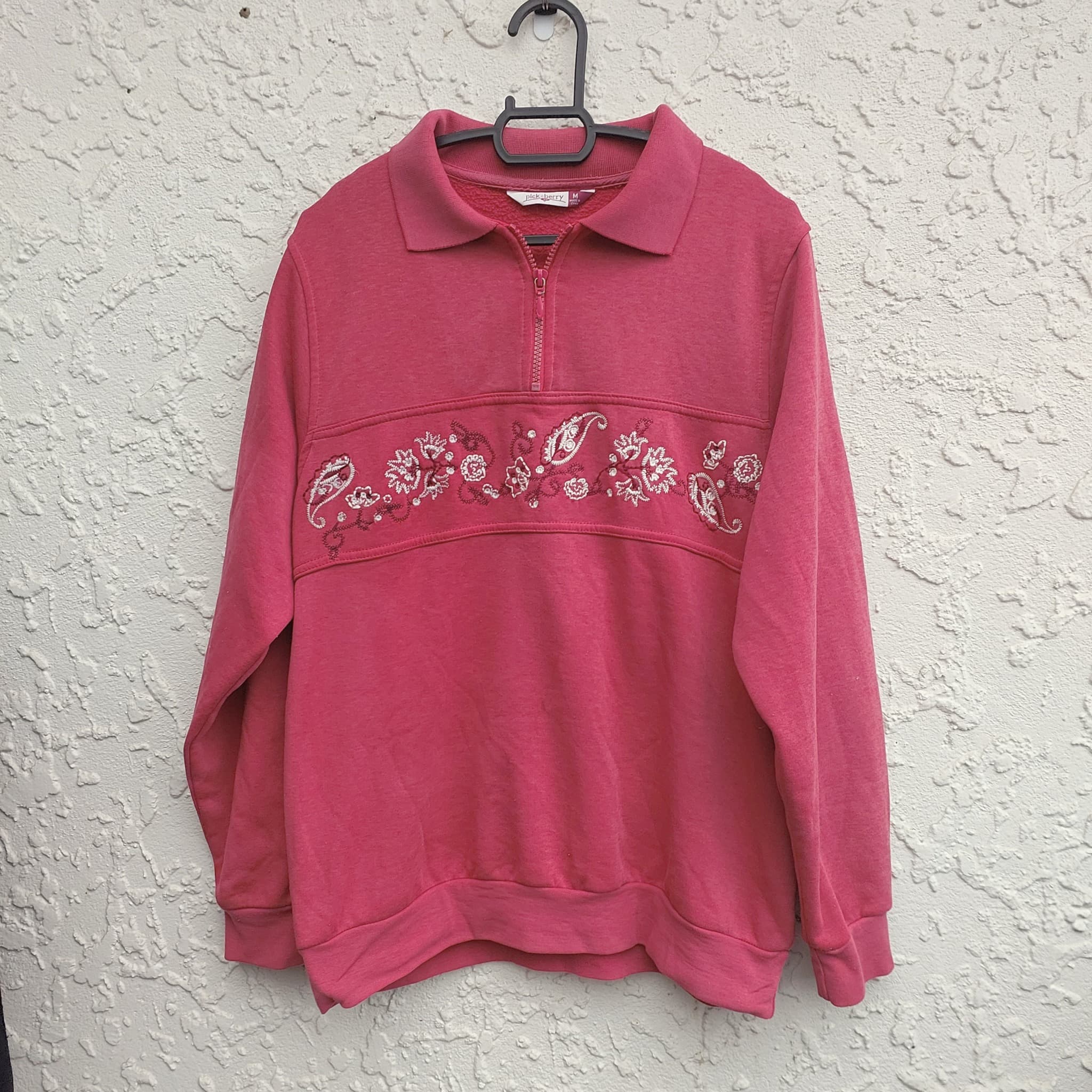 Pickaberry Quarter-Zip Sweatshirt, Pink Floral Embroidery, Size M
