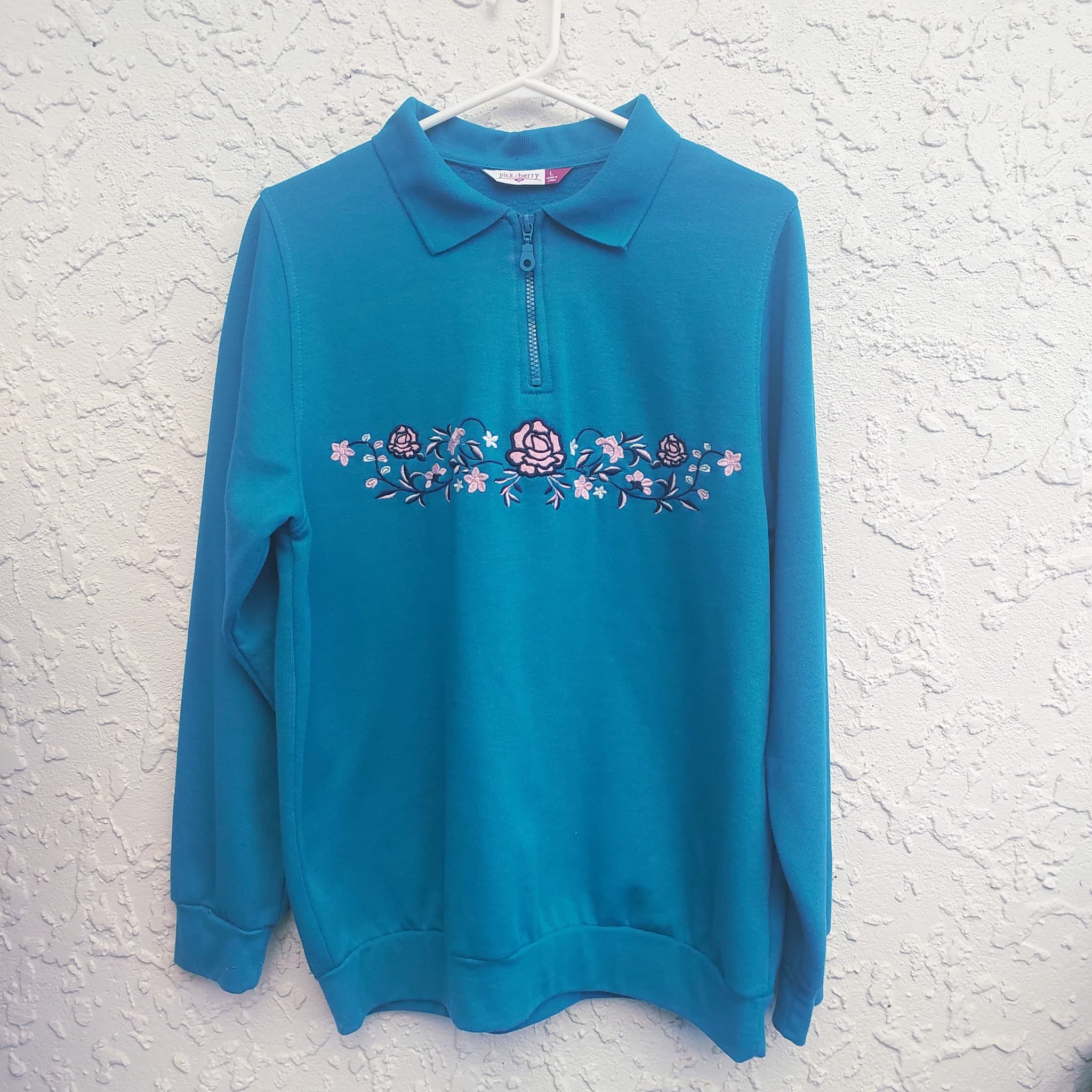 Pickaberry Quarter-Zip Sweatshirt, Teal Floral Embroidery, Size L — photo 1 of 8