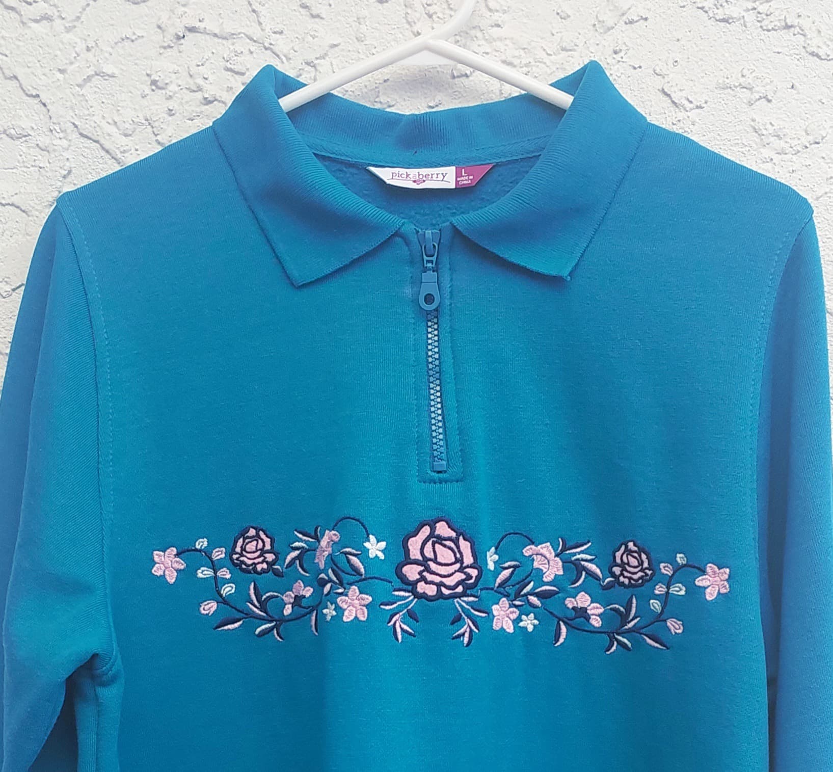 Pickaberry Quarter-Zip Sweatshirt, Teal Floral Embroidery, Size L — photo 2 of 8