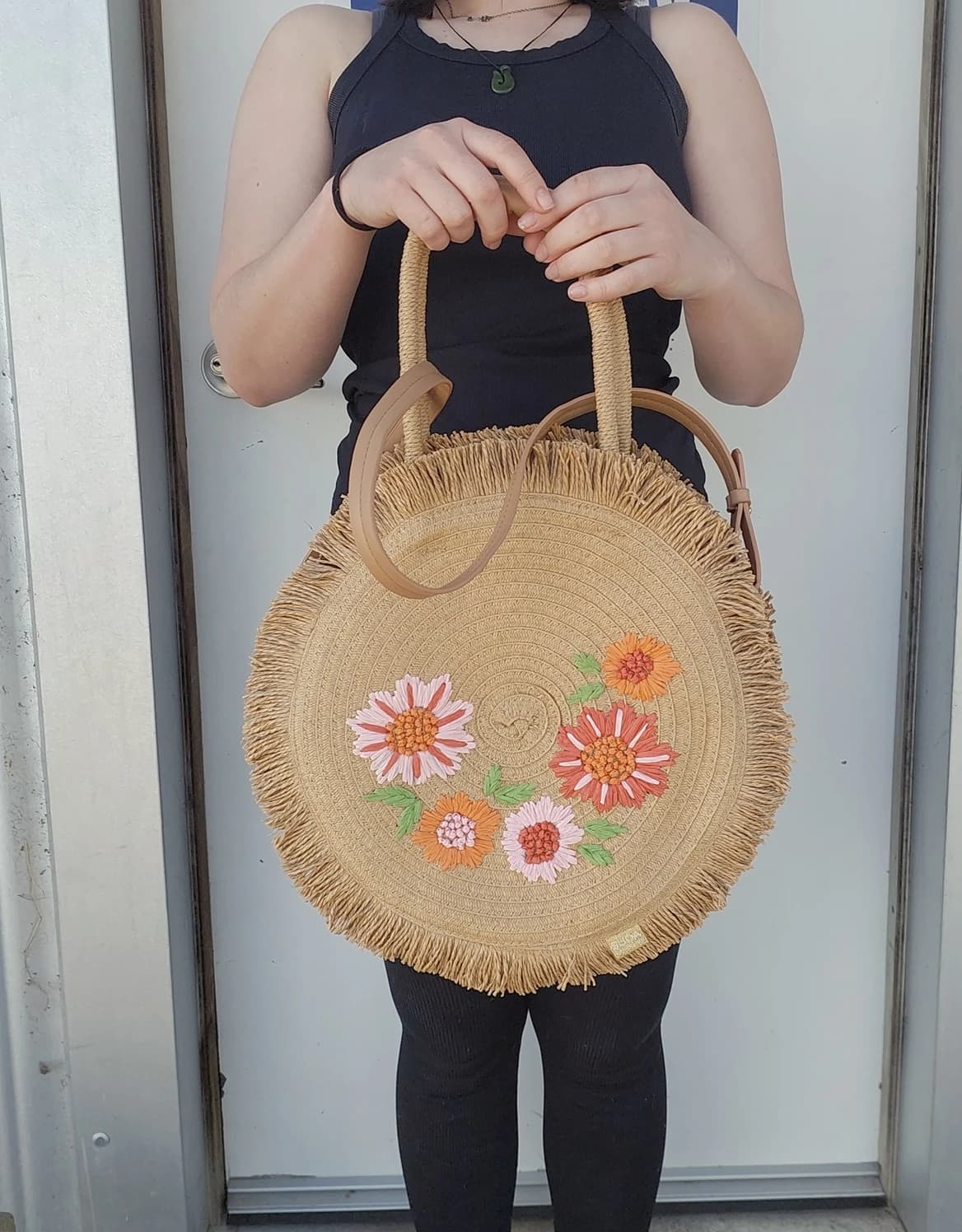 SUDA by design Straw Round Bag, Floral Embroidery, Natural — photo 2 of 10