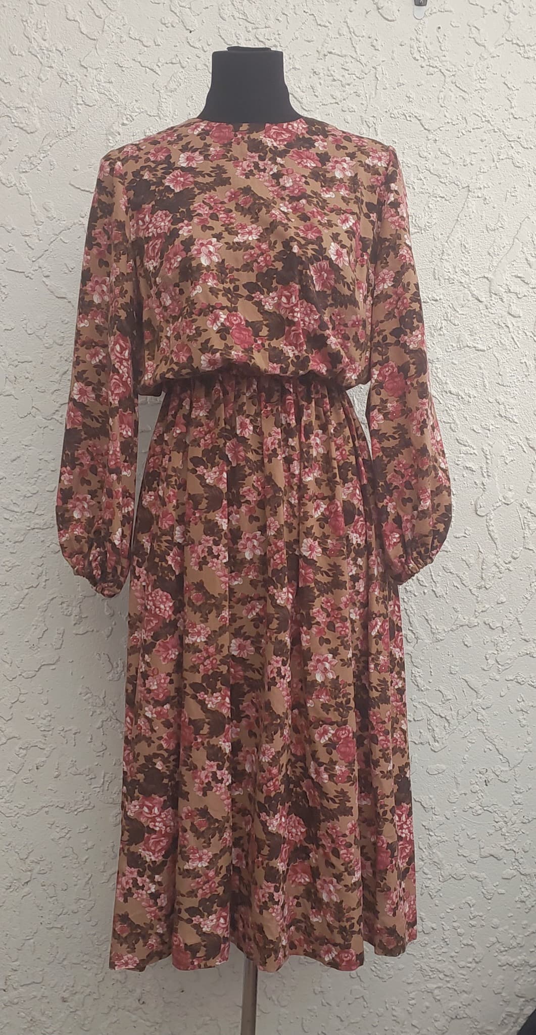 Vintage 1970s Floral Midi Dress, Long Sleeve, Brown and Pink — photo 1 of 10