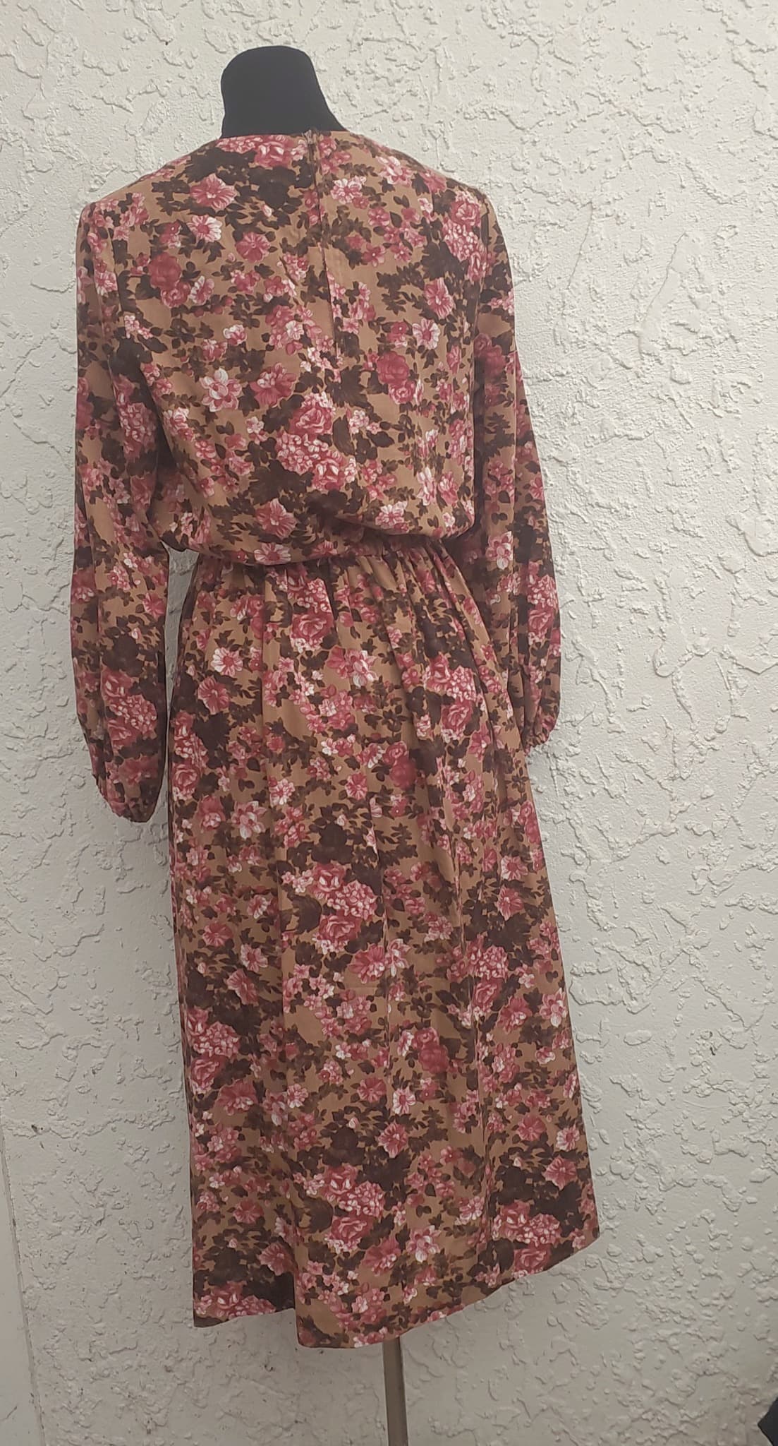 Vintage 1970s Floral Midi Dress, Long Sleeve, Brown and Pink — photo 2 of 10