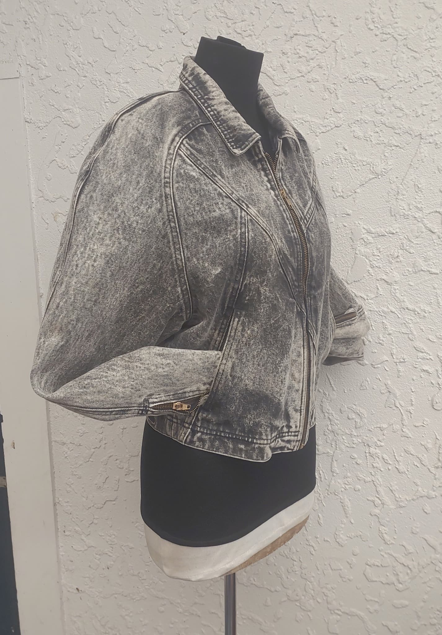 Vintage 80s Acid Wash Denim Moto Jacket, Grey, Size S — photo 2 of 10