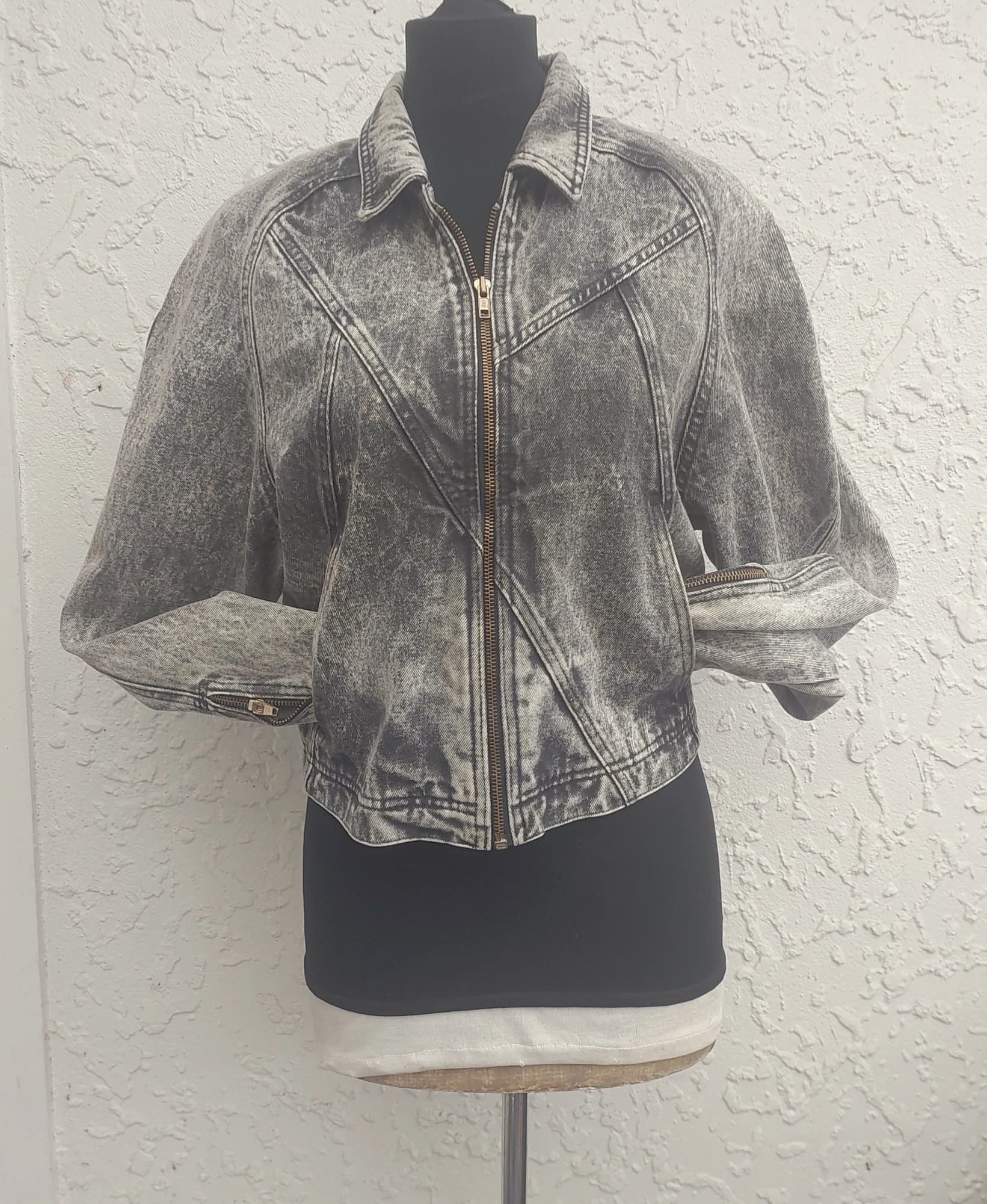 Vintage 80s Acid Wash Denim Moto Jacket, Grey, Size S — photo 1 of 10