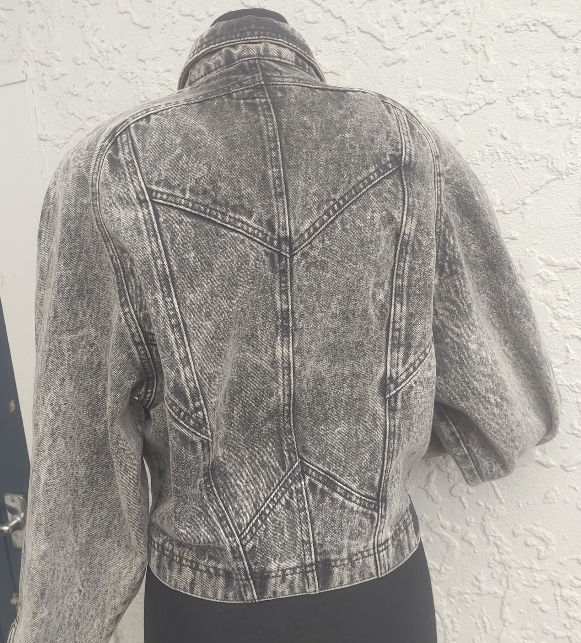 Vintage 80s Acid Wash Denim Moto Jacket, Grey, Size S — photo 4 of 10