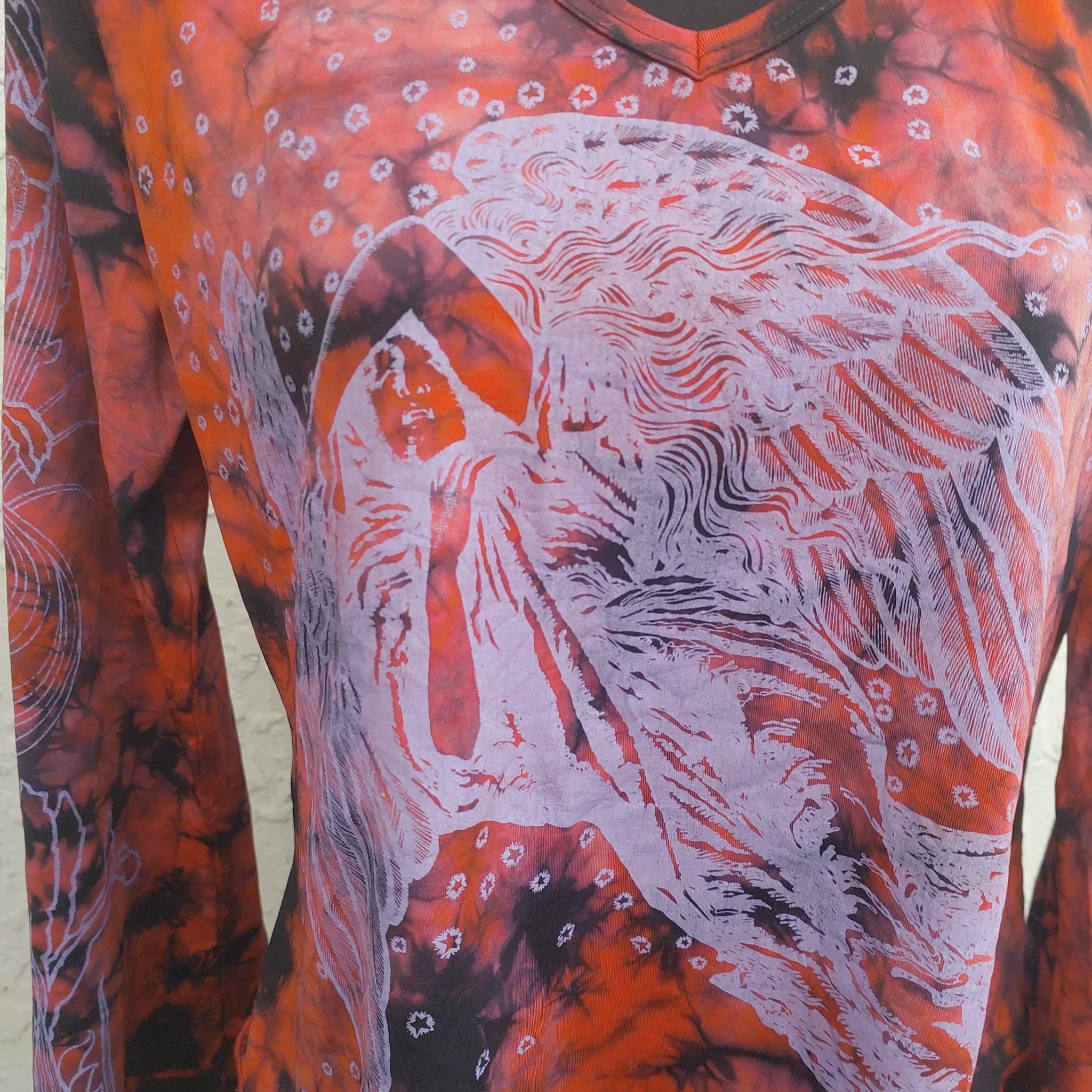 Vintage 90s Y2K Long Sleeve Top, Red Black Tie Dye, Angel Graphic — photo 7 of 10