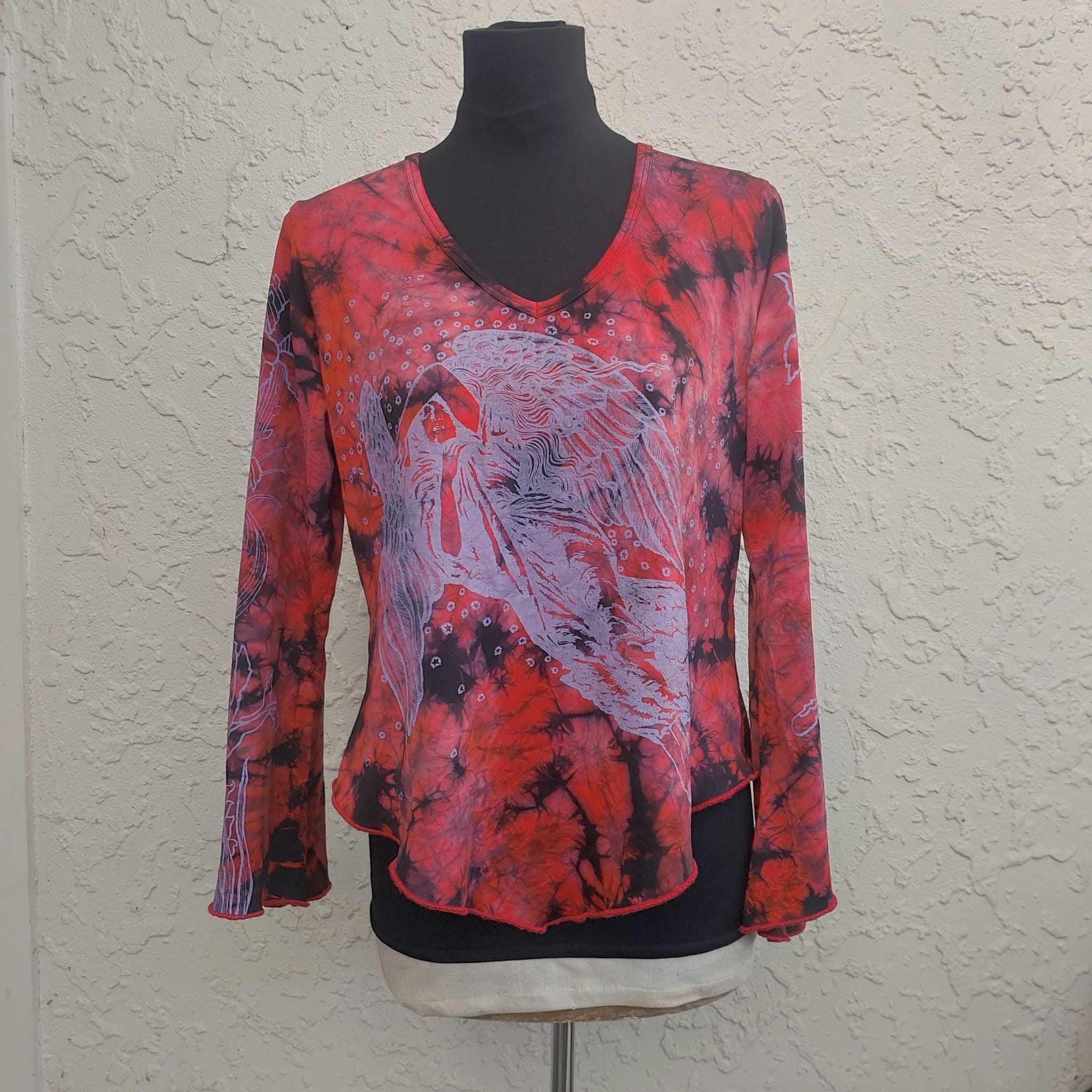 Vintage 90s Y2K Long Sleeve Top, Red Black Tie Dye, Angel Graphic — photo 1 of 10