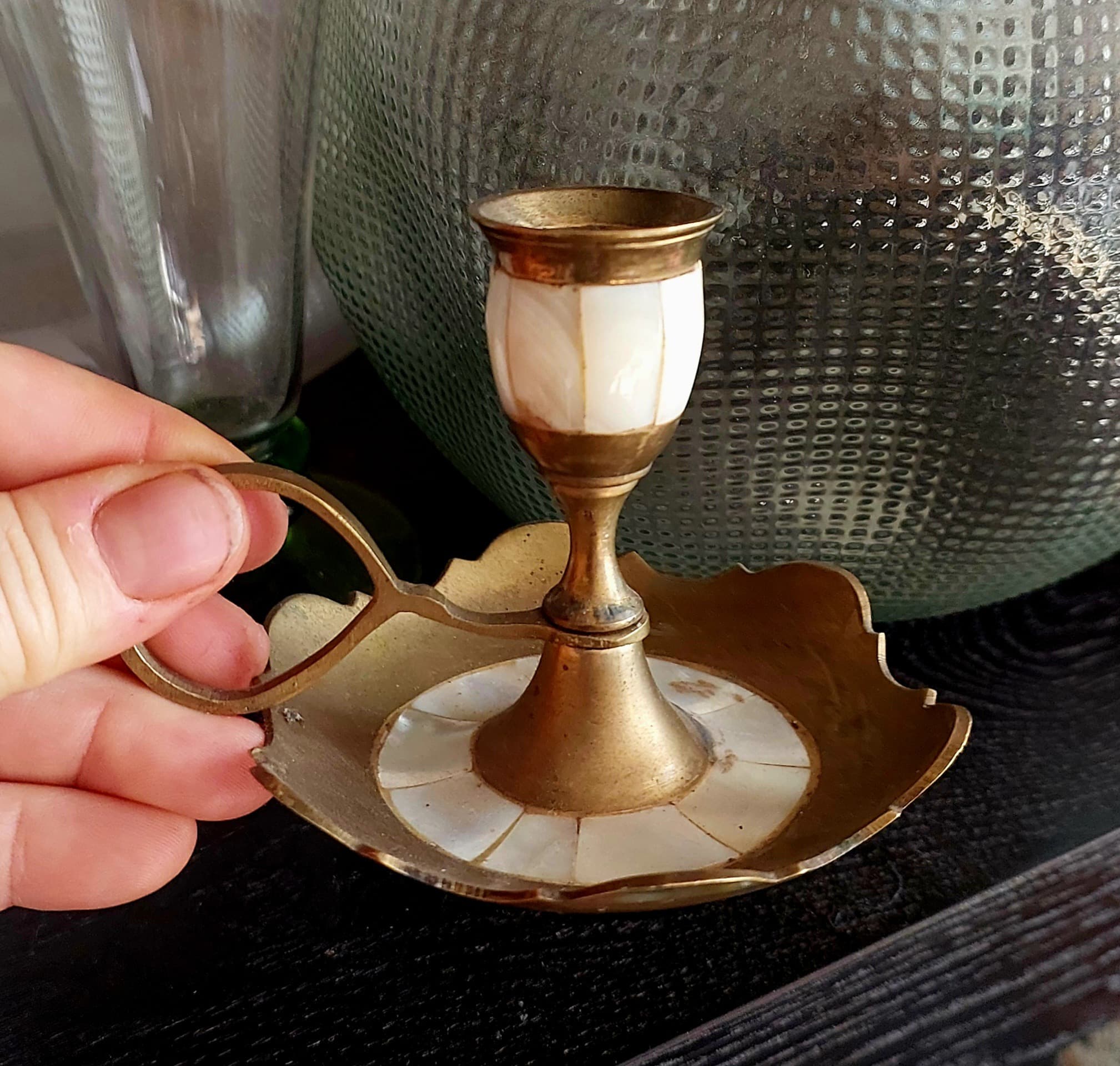Vintage Brass and Mother of Pearl Chamberstick Candle Holder, Gold — photo 1 of 6