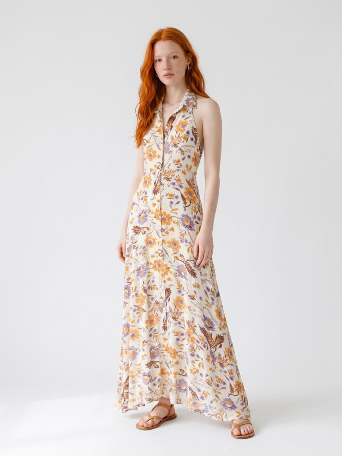 Jaase Floral Print Halter Neck Maxi Dress Yellow Purple White — photo 1 of 7