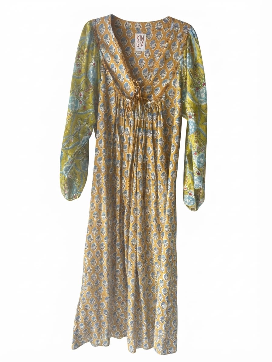Kinga Csilla Zoya Block Print Marrakesh Floral Long Sleeve Maxi Dress Mustard Size 6 — photo 2 of 6