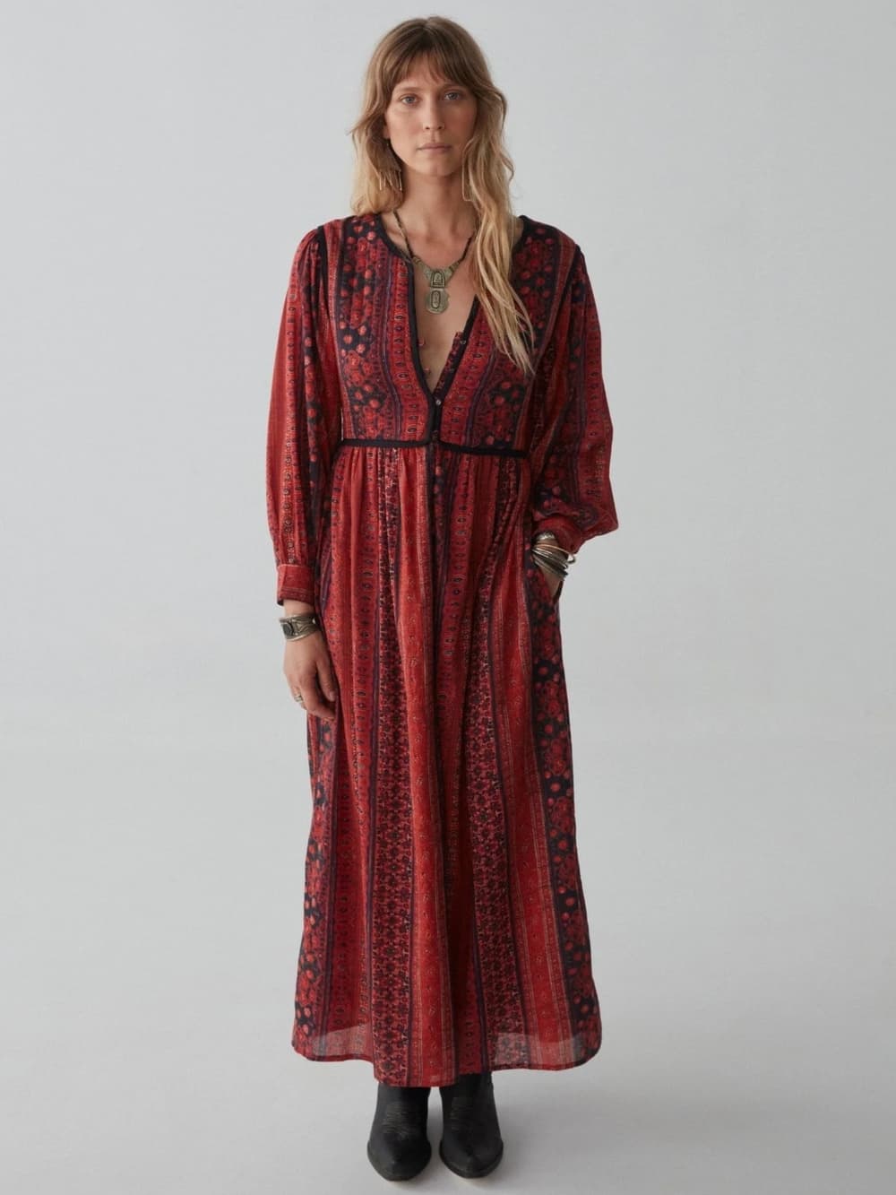 Maison Hotel Dalida Printed V-Neck Maxi Dress Red Black XS — photo 2 of 7