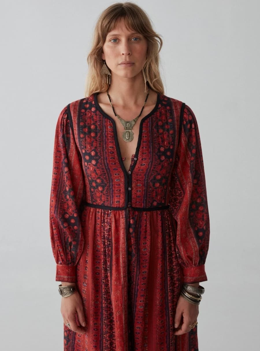 Maison Hotel Dalida Printed V-Neck Maxi Dress Red Black XS — photo 1 of 7