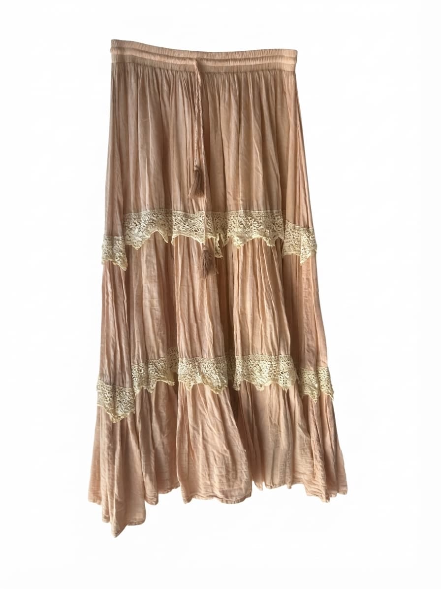 Meera The Label Boho Tiered Maxi Skirt Peach Lace Trim Size M — photo 1 of 4