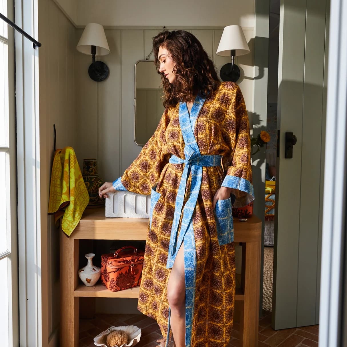 Sage x Clare Gabriella Cotton Kimono Robe Mustard Blue — photo 1 of 8