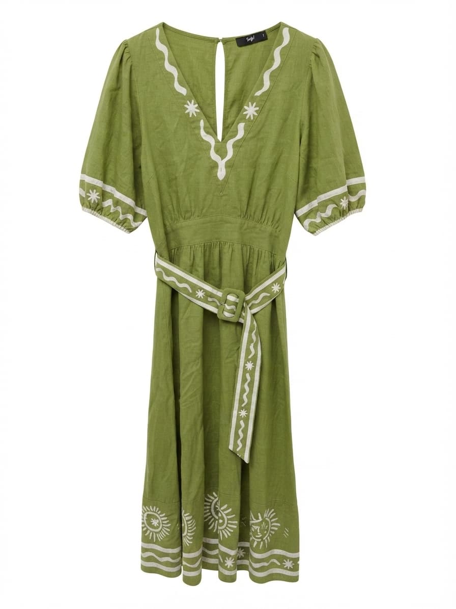 Sportsgirl Green Linen Blend Celestial Embroidered Midi Dress Size 10 — photo 2 of 5