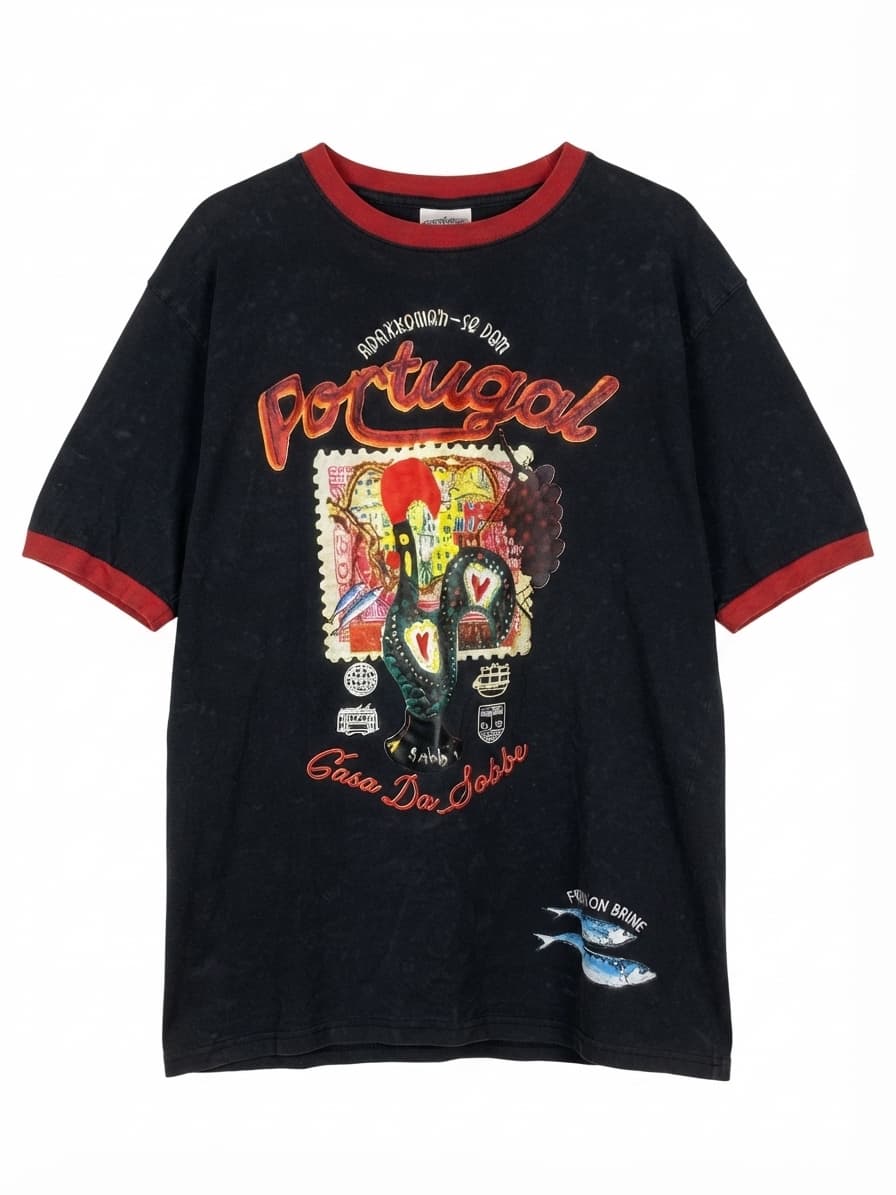 Vintage Portugal Souvenir Ringer T-Shirt Black Red Graphic Print