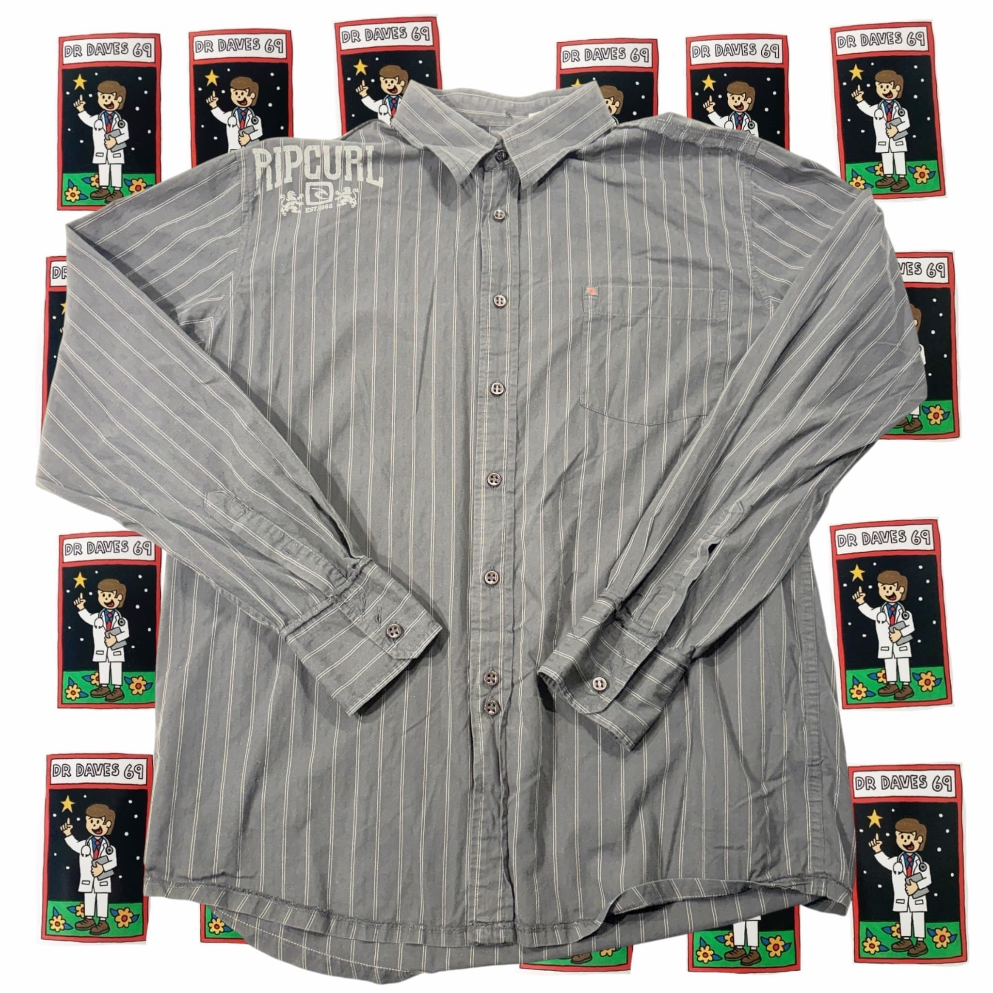 Y2K Rip Curl Men's Grey Striped Long Sleeve Button-Down Shirt XL — photo 1 of 5