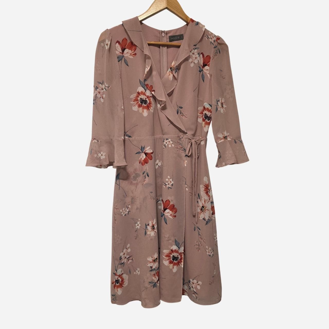 Jacqui E Pink Floral Mid Length Dress With Tie Waist And Bell Sleeves β photo 1 of 6