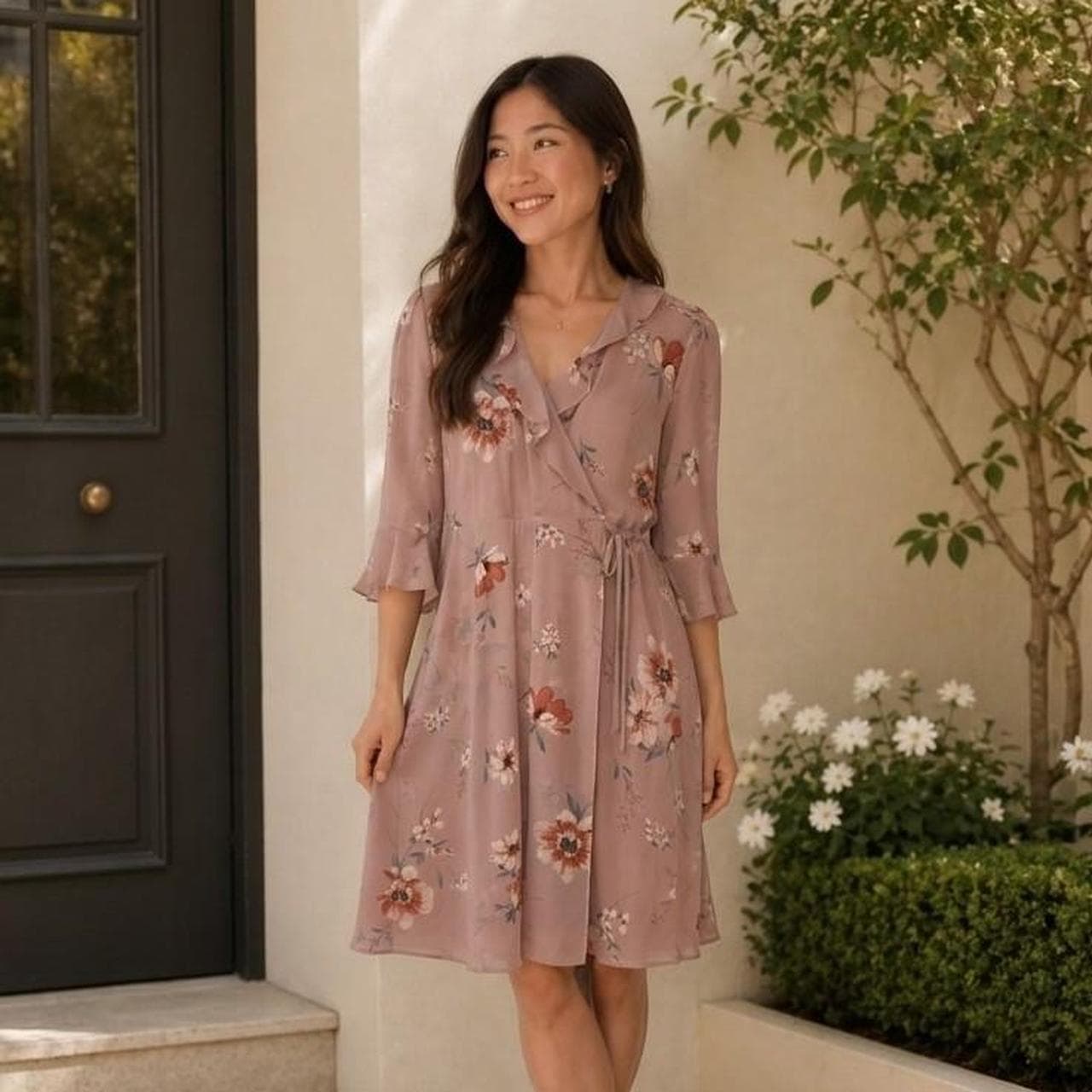 Jacqui E Pink Floral Mid Length Dress With Tie Waist And Bell Sleeves β photo 3 of 6