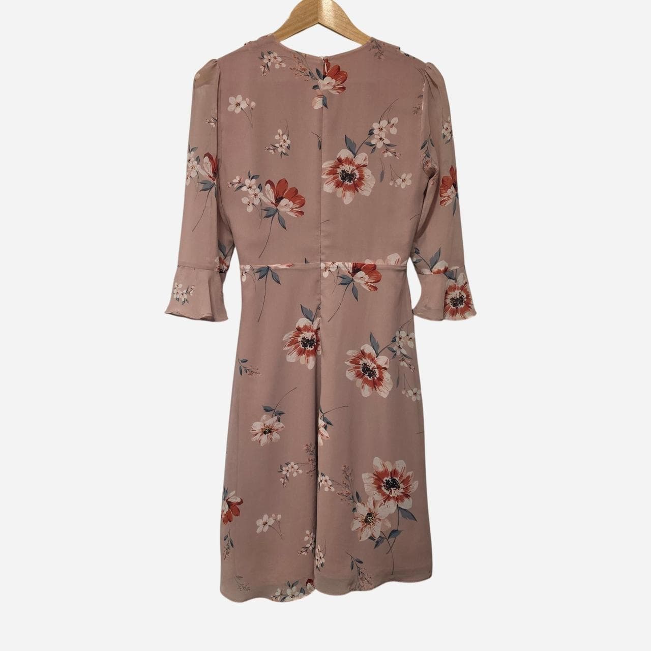 Jacqui E Pink Floral Mid Length Dress With Tie Waist And Bell Sleeves β photo 4 of 6