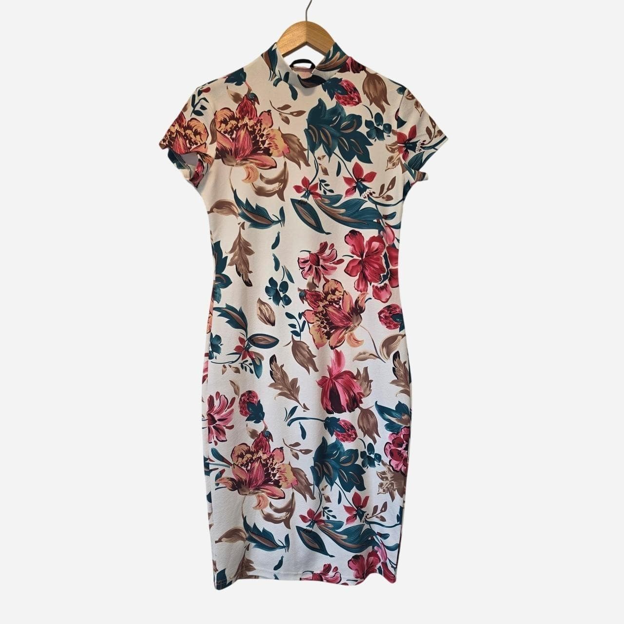 SHEIN Floral Midi Dress With High Neck And Short Sleeves β photo 1 of 7