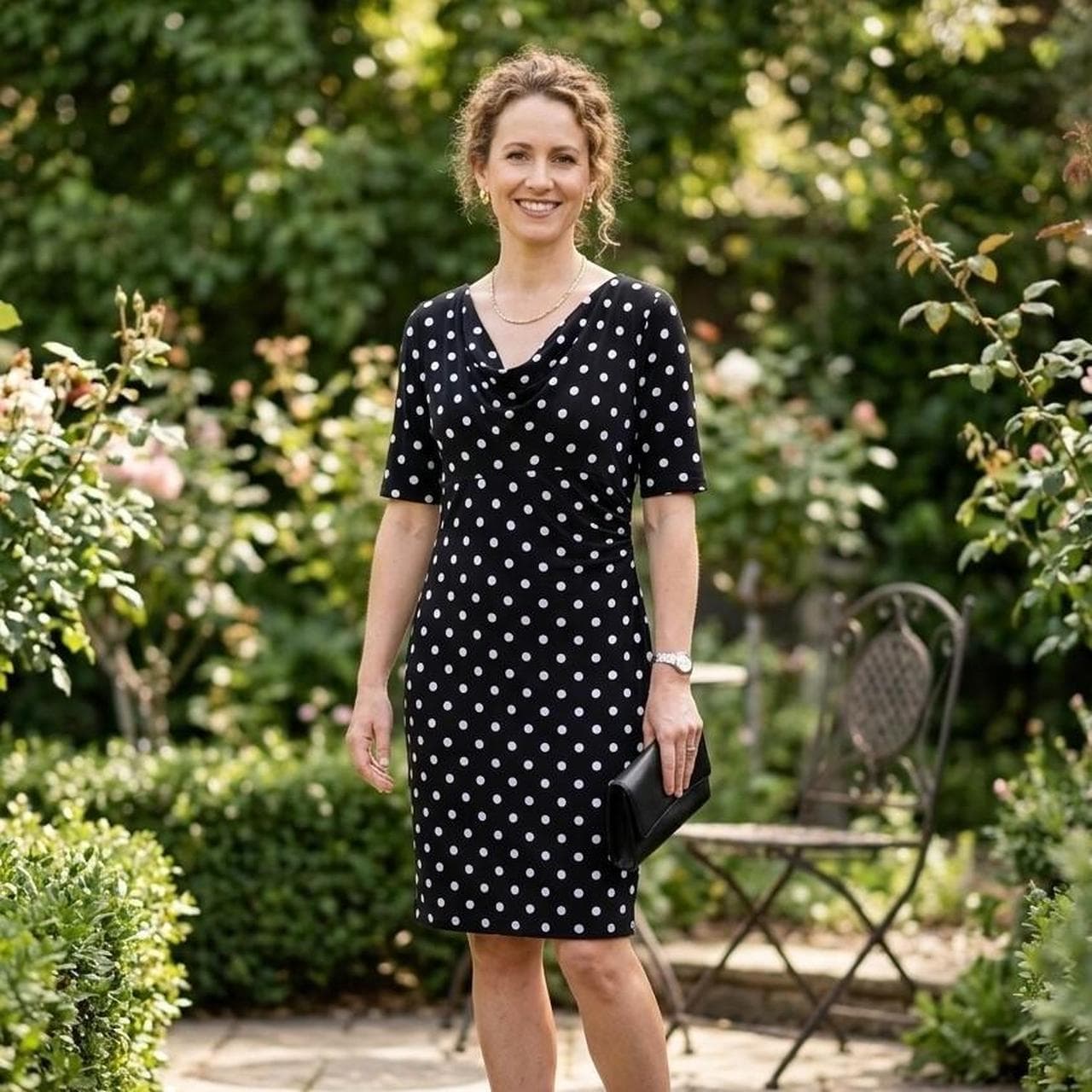 Liz Jordan Black Dress With White Polka Dots โ photo 1 of 8