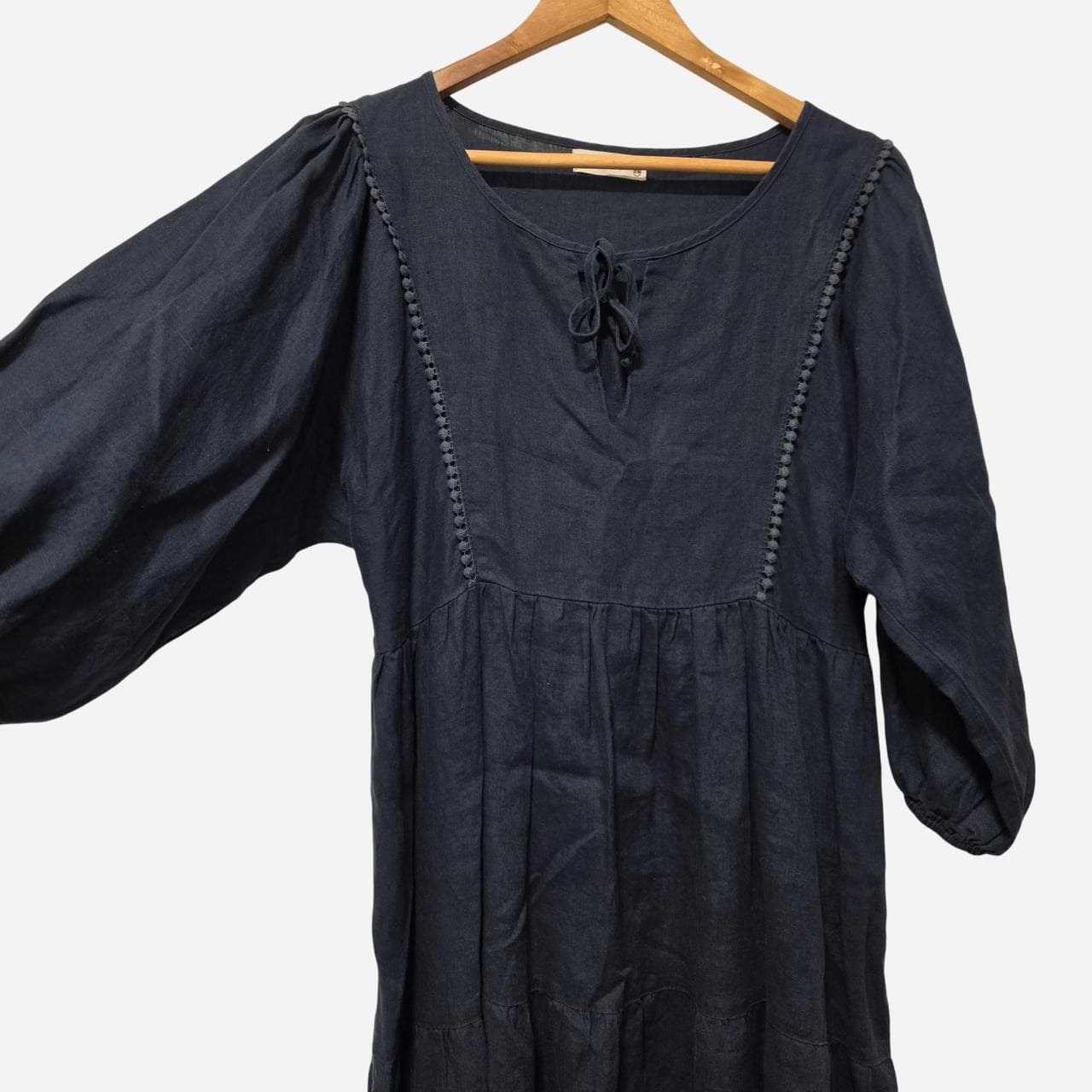 Worthier Navy Blue Linen Dress With Tie Front Detail — photo 3 of 6