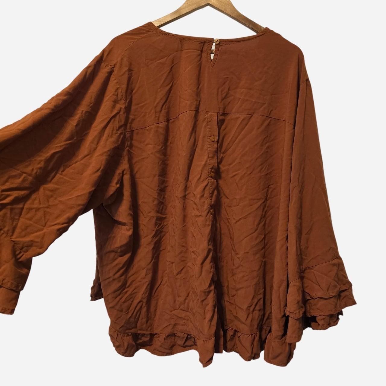Bee Maddison Rust Orange Ruffle Sleeve Button Up Back Blouse โ photo 3 of 5