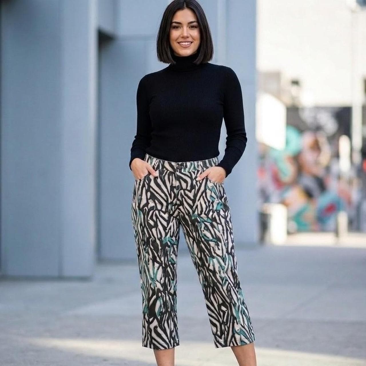 xrd denim abstract print cropped jeans teal black β photo 1 of 5