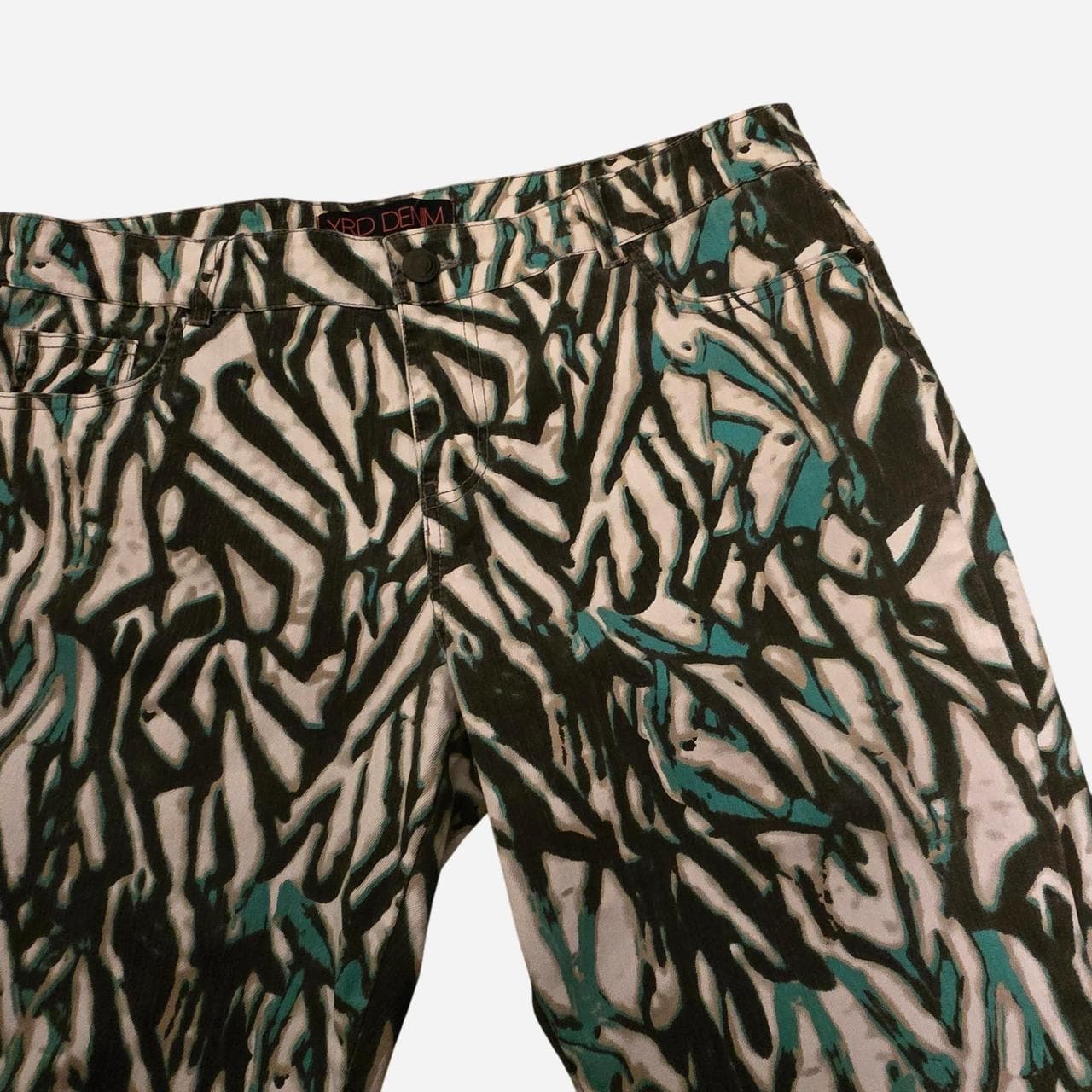 xrd denim abstract print cropped jeans teal black β photo 3 of 5