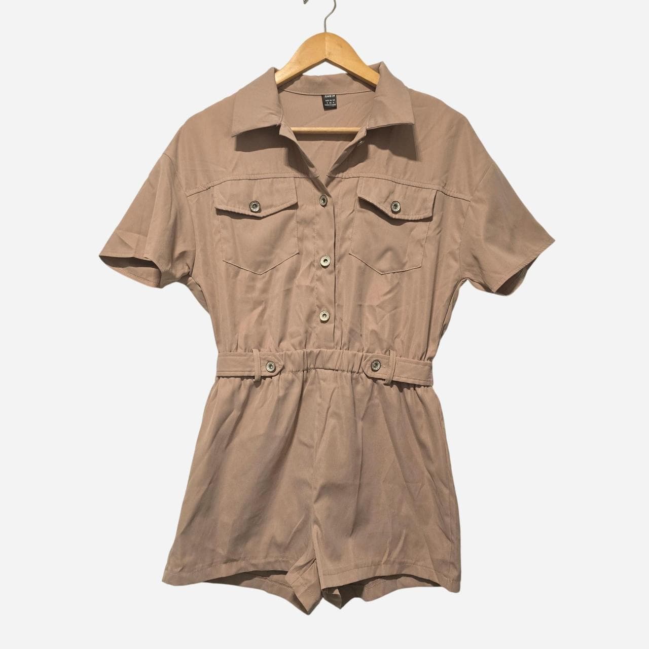 shein tan romper with pockets and belt β photo 2 of 6