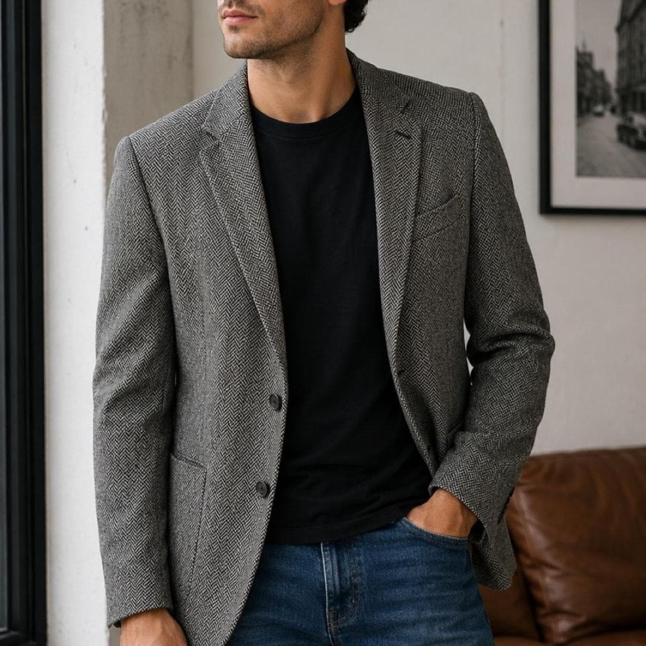 Vintage 70s St Michael Grey Herringbone Wool Tailored Blazer Jacket — photo 1 of 8