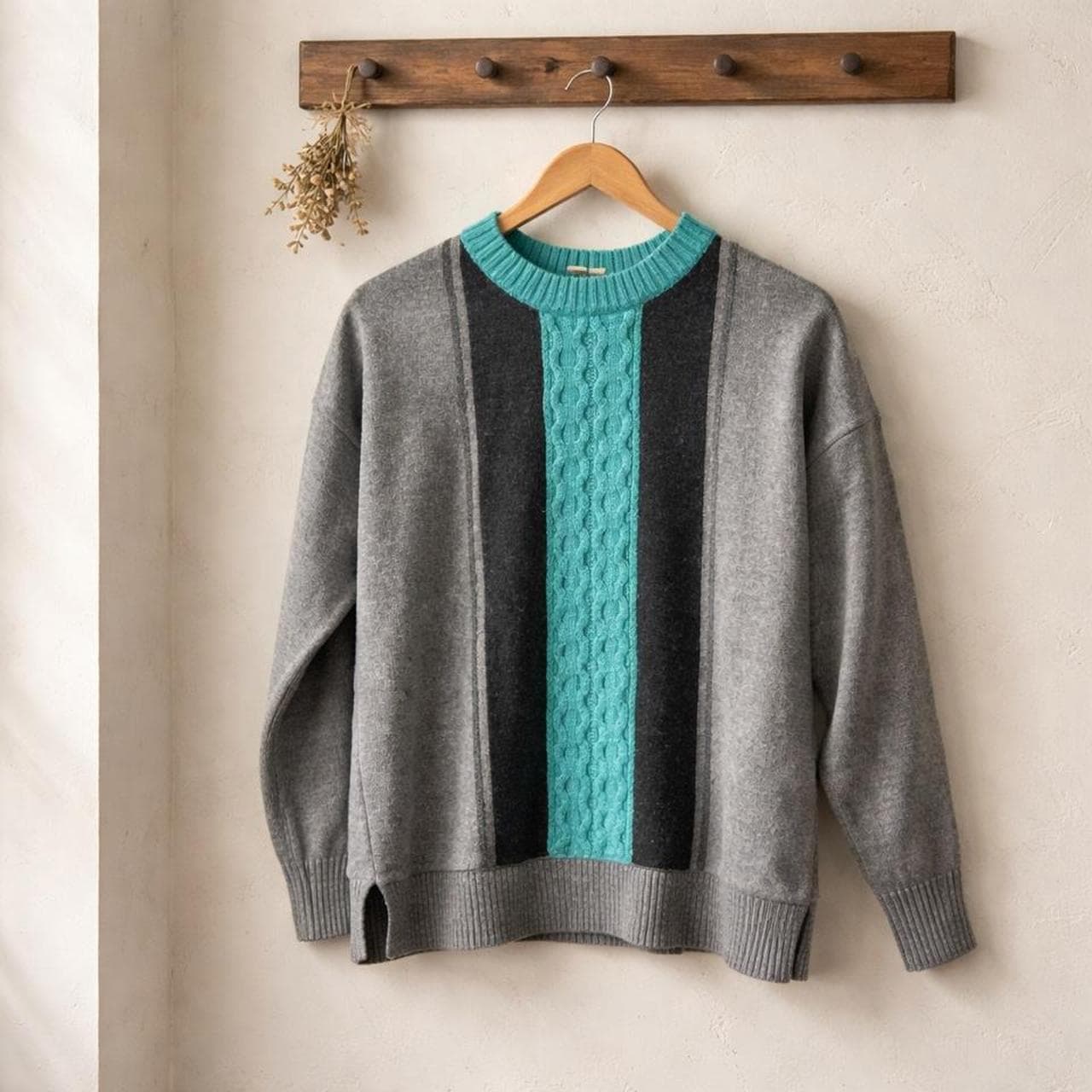 Country Road Grey And Aqua Blue Cable Knit Colour Block Jumper — photo 1 of 4