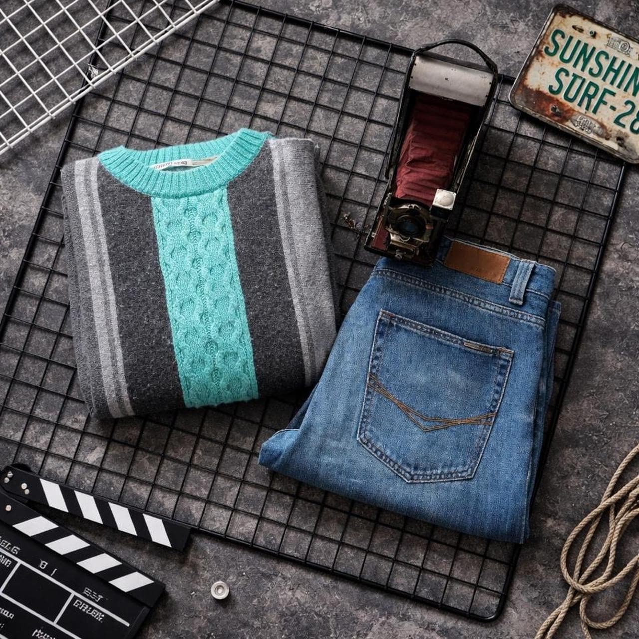Country Road Grey And Aqua Blue Cable Knit Colour Block Jumper — photo 2 of 4