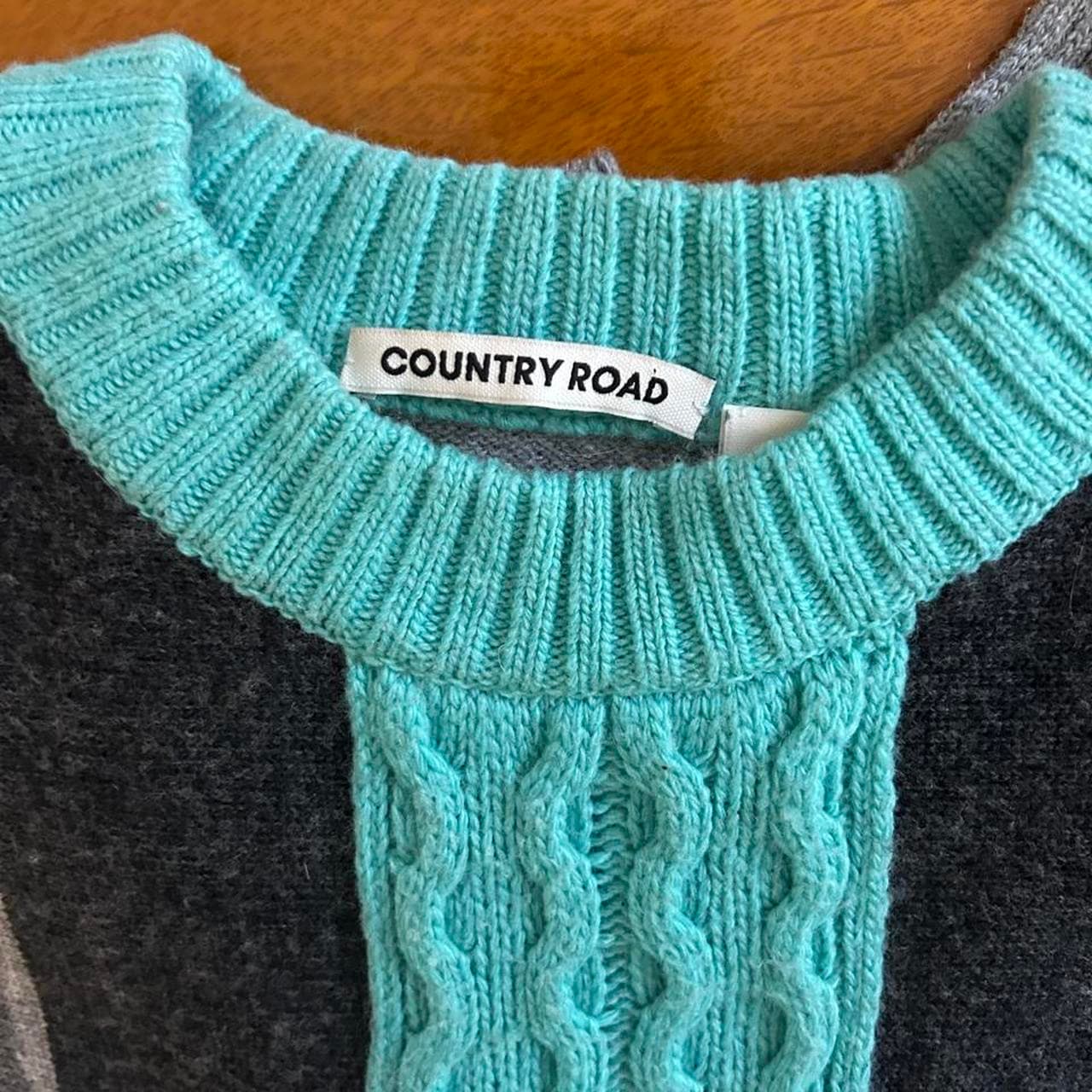 Country Road Grey And Aqua Blue Cable Knit Colour Block Jumper — photo 3 of 4