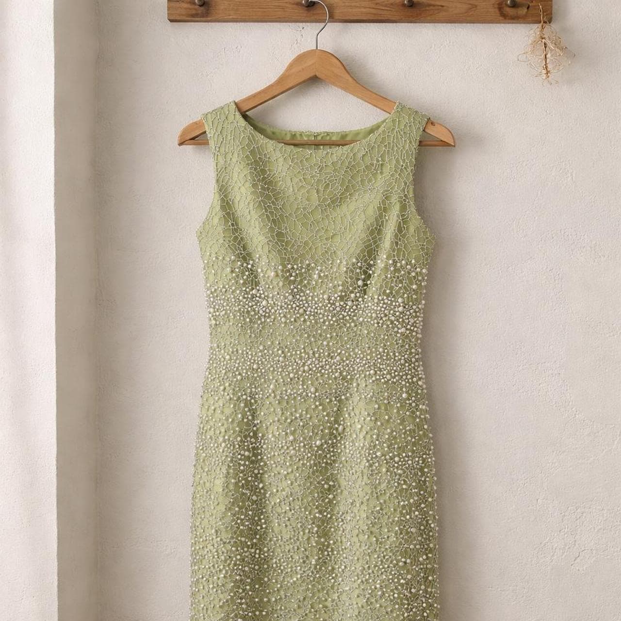 Elegant Sage Green Pearl Embellished Hand Beaded Sleeveless Formal Dress — photo 1 of 5