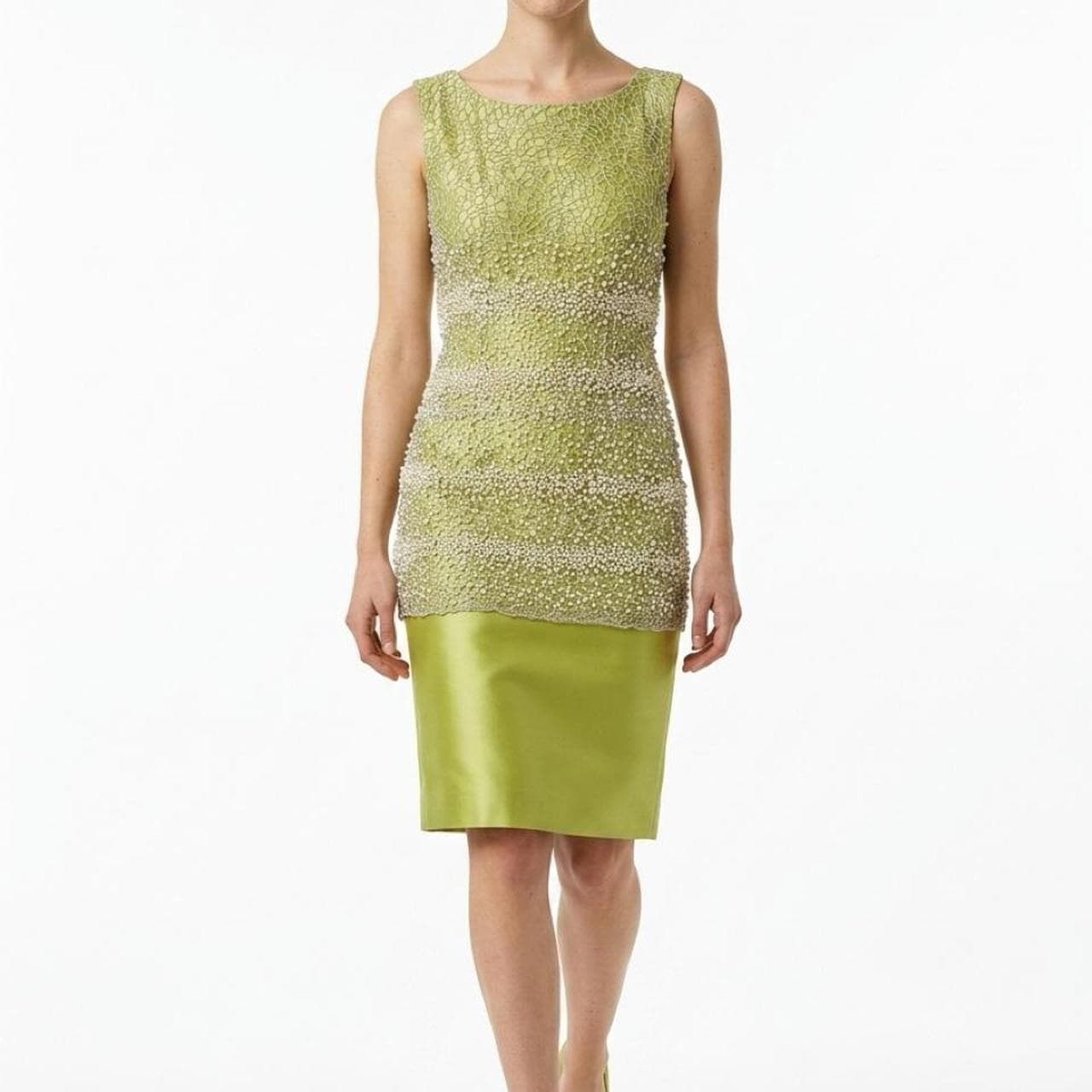 Elegant Sage Green Pearl Embellished Hand Beaded Sleeveless Formal Dress — photo 2 of 5