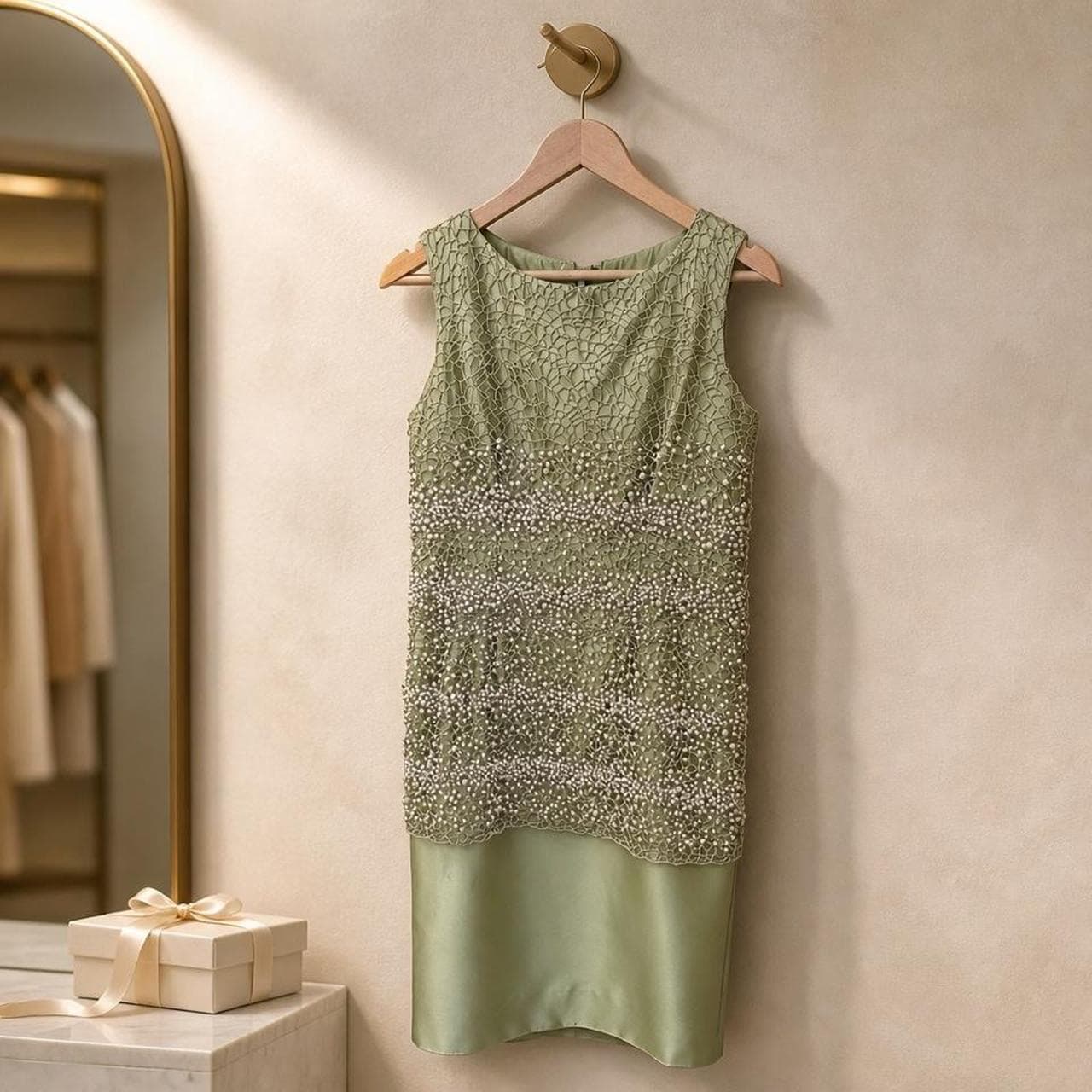 Elegant Sage Green Pearl Embellished Hand Beaded Sleeveless Formal Dress — photo 3 of 5