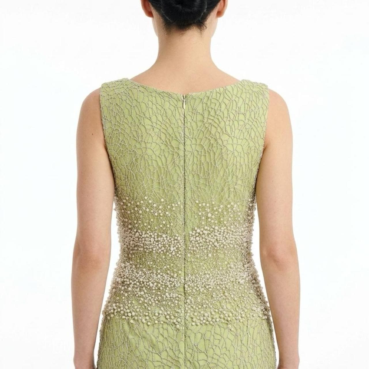 Elegant Sage Green Pearl Embellished Hand Beaded Sleeveless Formal Dress — photo 4 of 5