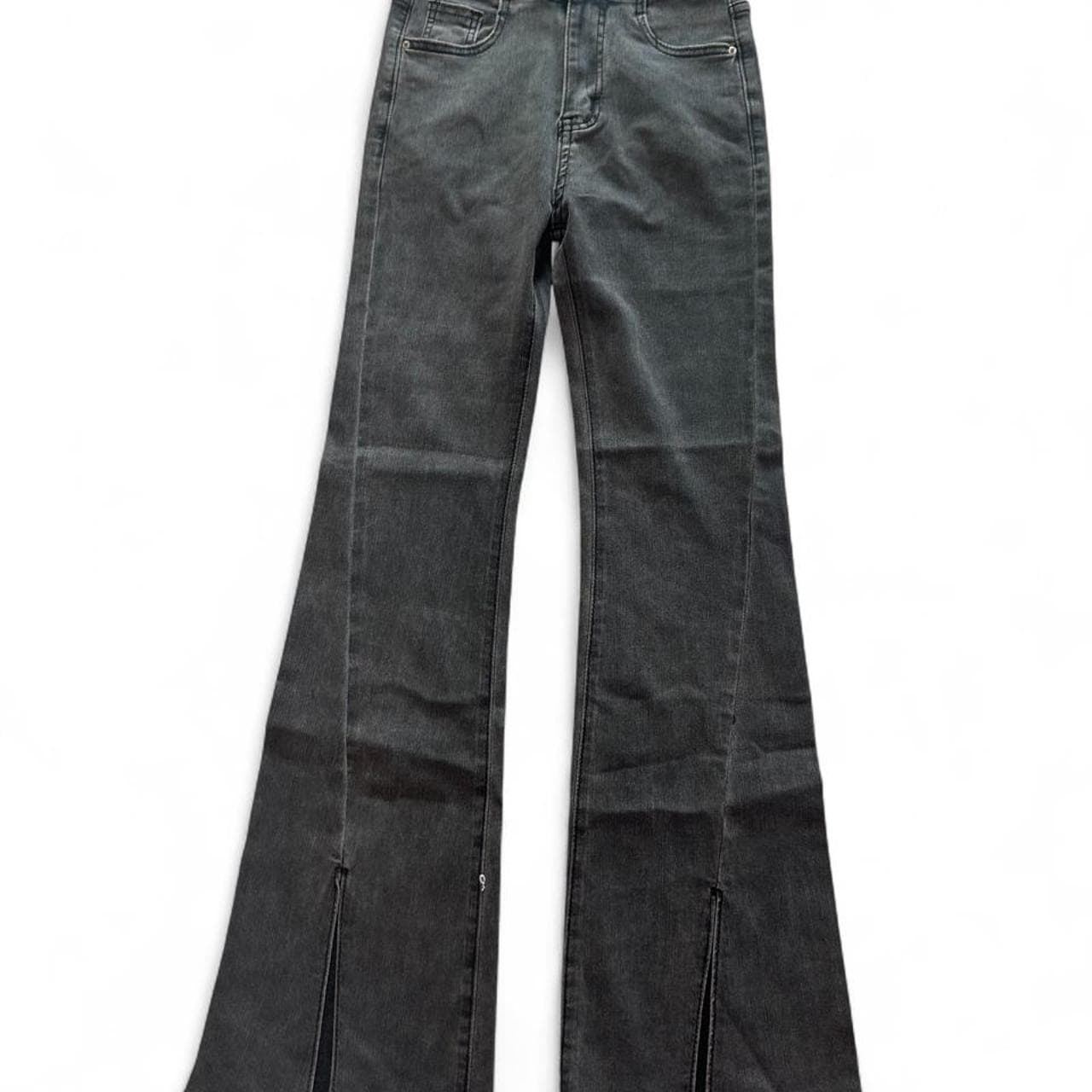 Women's Mid-Rise Stretch Flare Jeans With Front Split Hem In Charcoal Black — photo 1 of 6