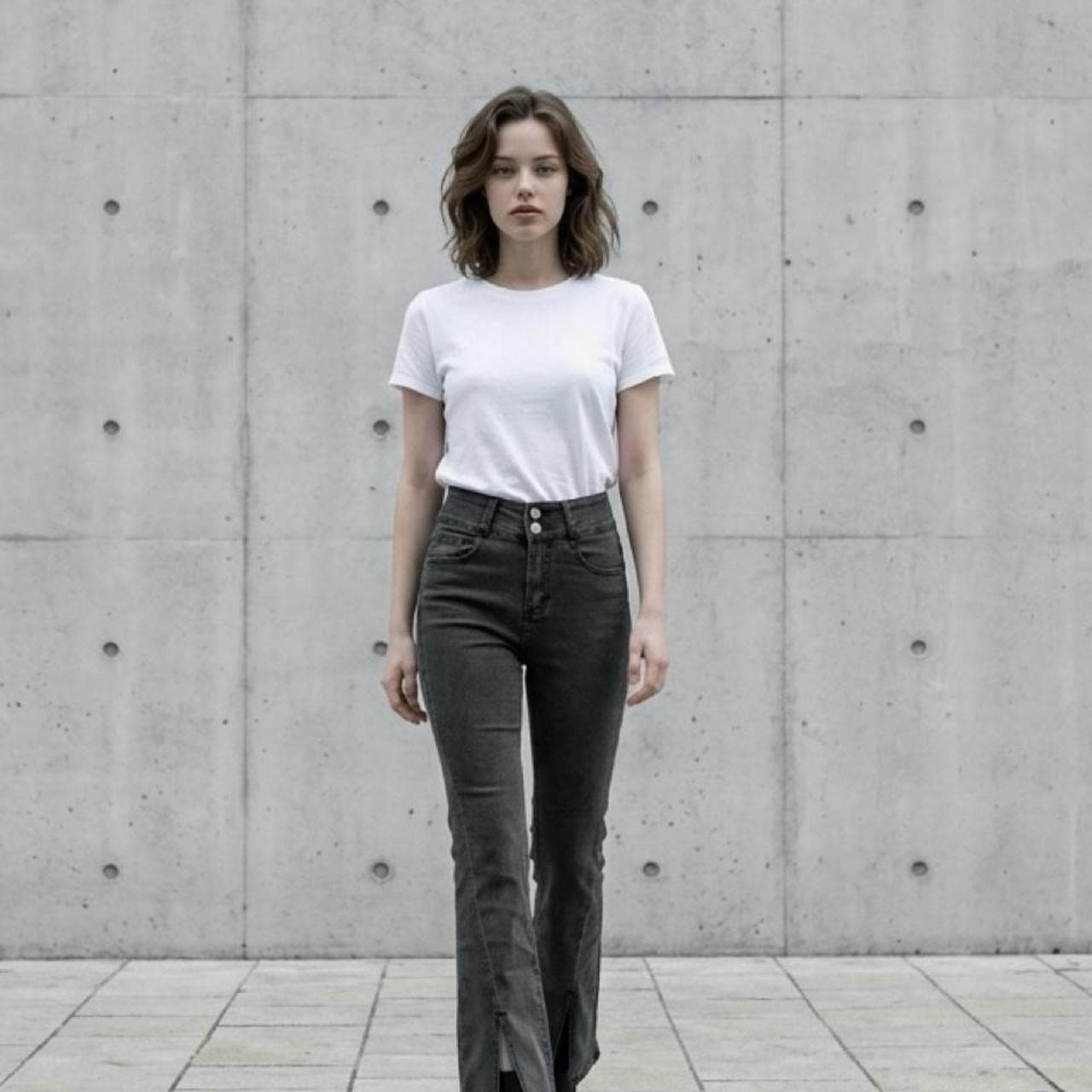 Women's Mid-Rise Stretch Flare Jeans With Front Split Hem In Charcoal Black — photo 2 of 6