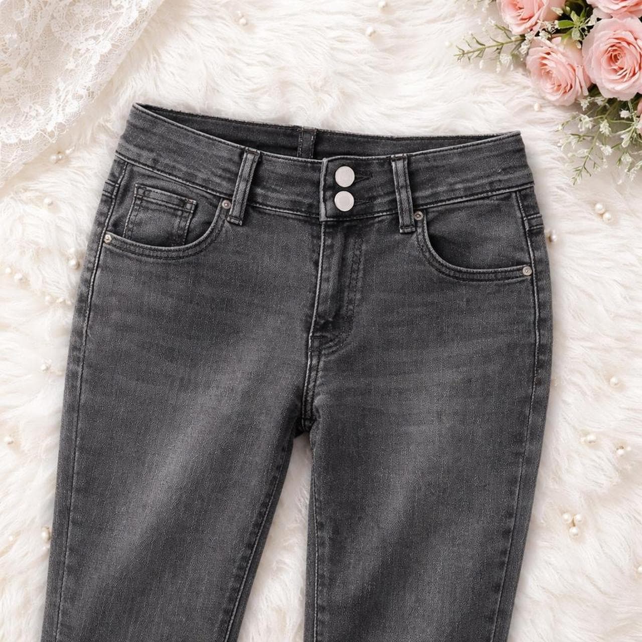 Women's Mid-Rise Stretch Flare Jeans With Front Split Hem In Charcoal Black — photo 3 of 6
