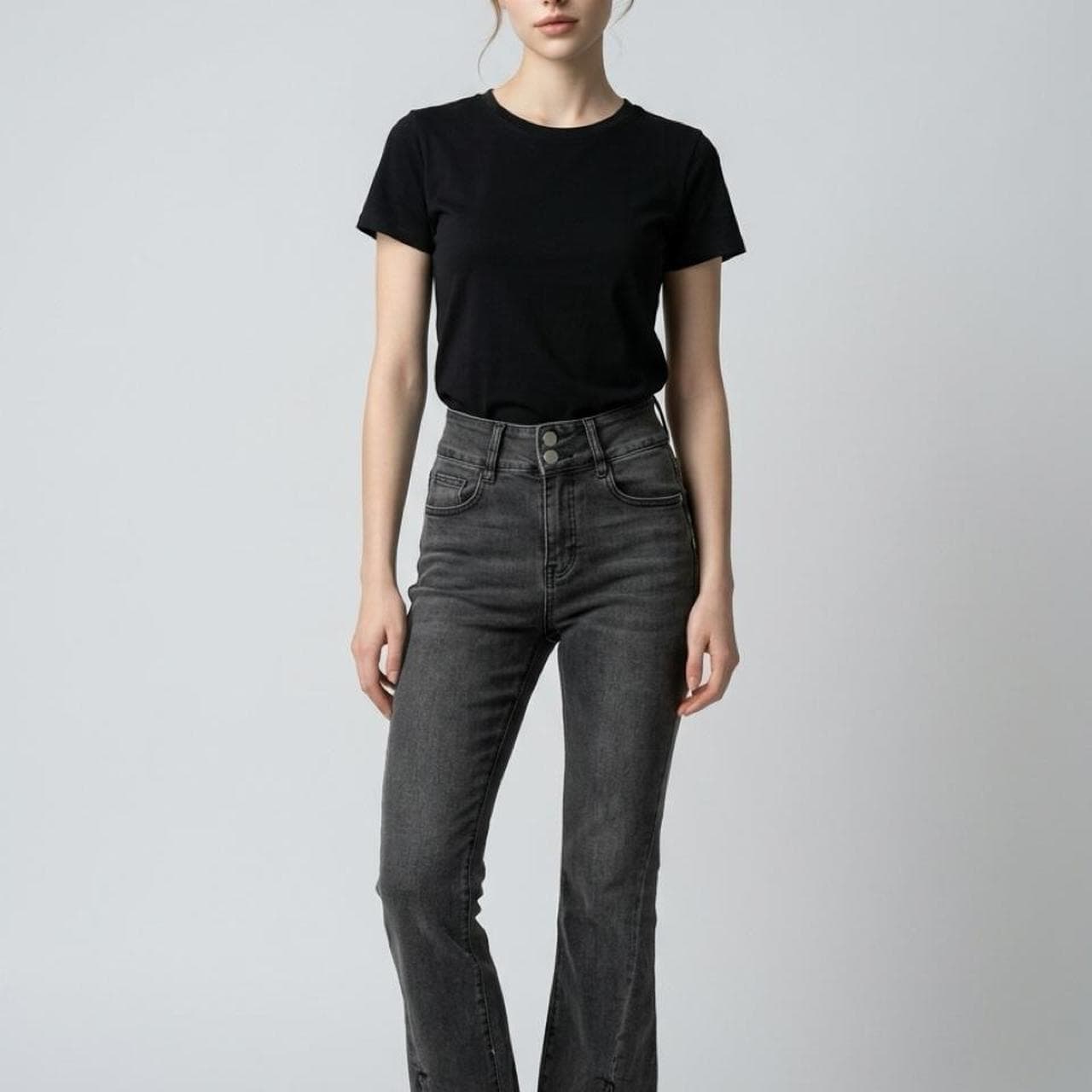 Women's Mid-Rise Stretch Flare Jeans With Front Split Hem In Charcoal Black — photo 4 of 6
