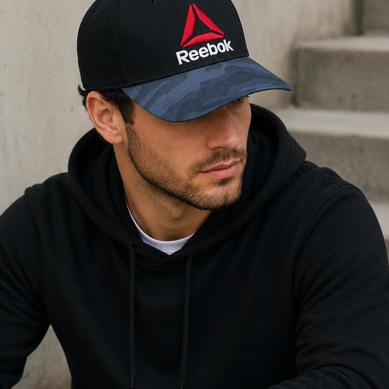 Reebok Unisex Baseball Cap In Black With Grey Camo Brim — photo 1 of 5