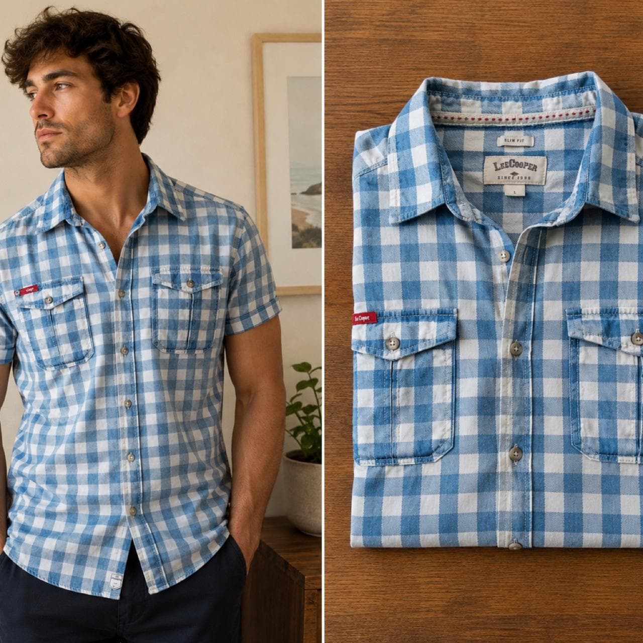 Lee Cooper Blue Short Sleeve Check Button Up Shirt — photo 1 of 4