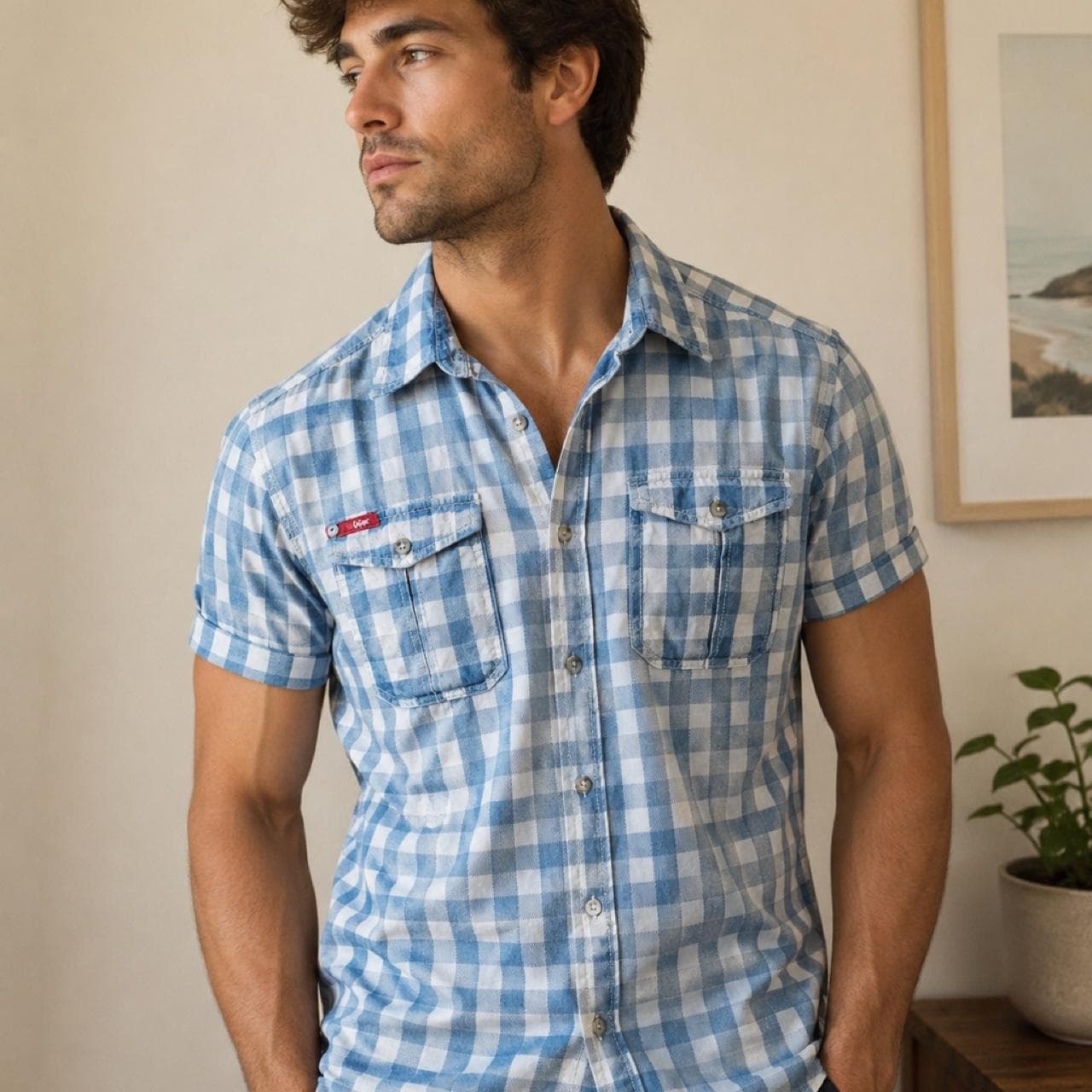 Lee Cooper Blue Short Sleeve Check Button Up Shirt — photo 2 of 4
