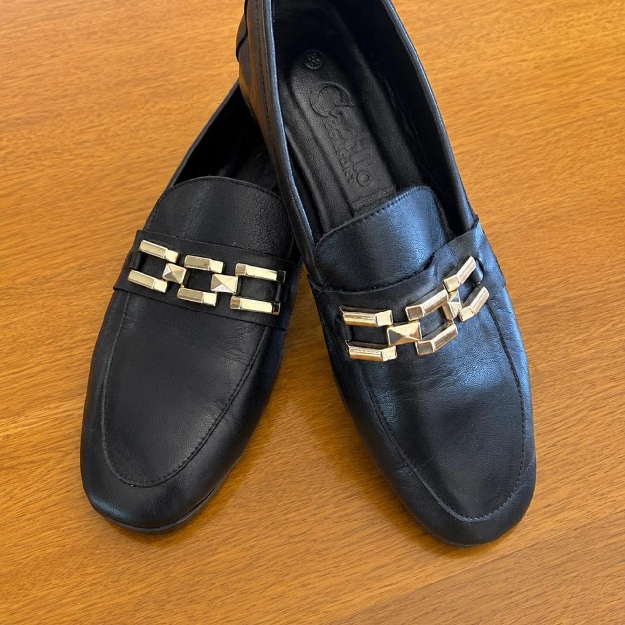 Cabello Comfort Black Leather Loafers With Gold Chain Detail — photo 1 of 4