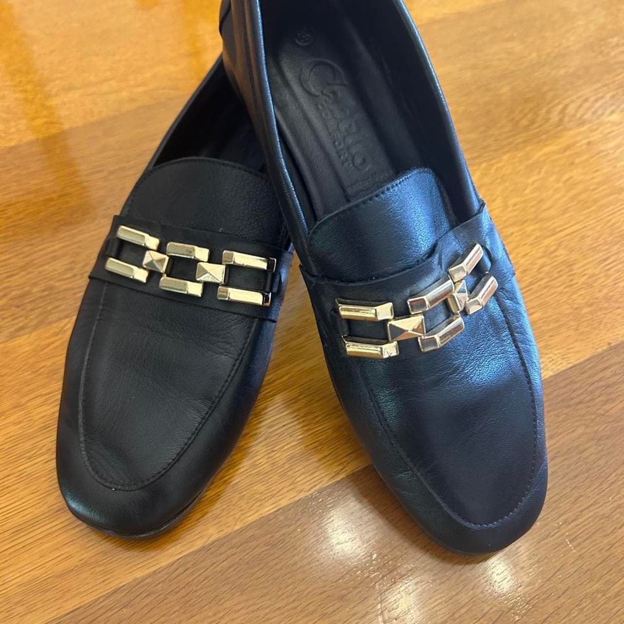 Cabello Comfort Black Leather Loafers With Gold Chain Detail — photo 2 of 4