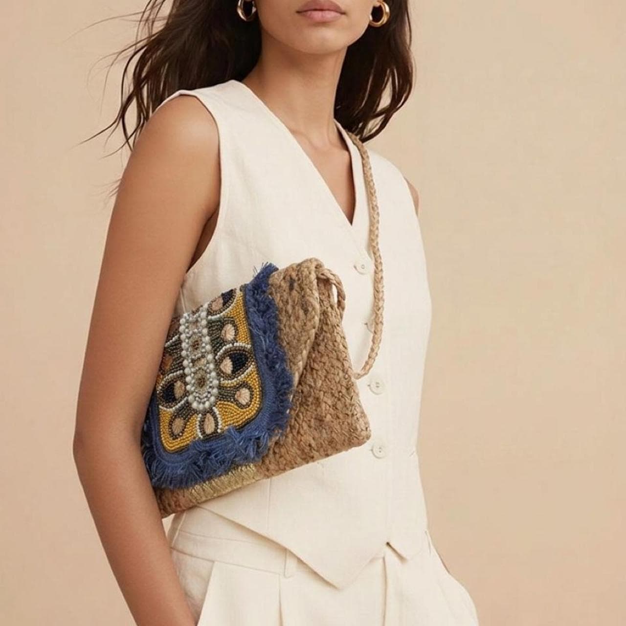 Genesis Women's Boho Woven Rattan Clutch Bag With Beaded Statement Design — photo 1 of 5