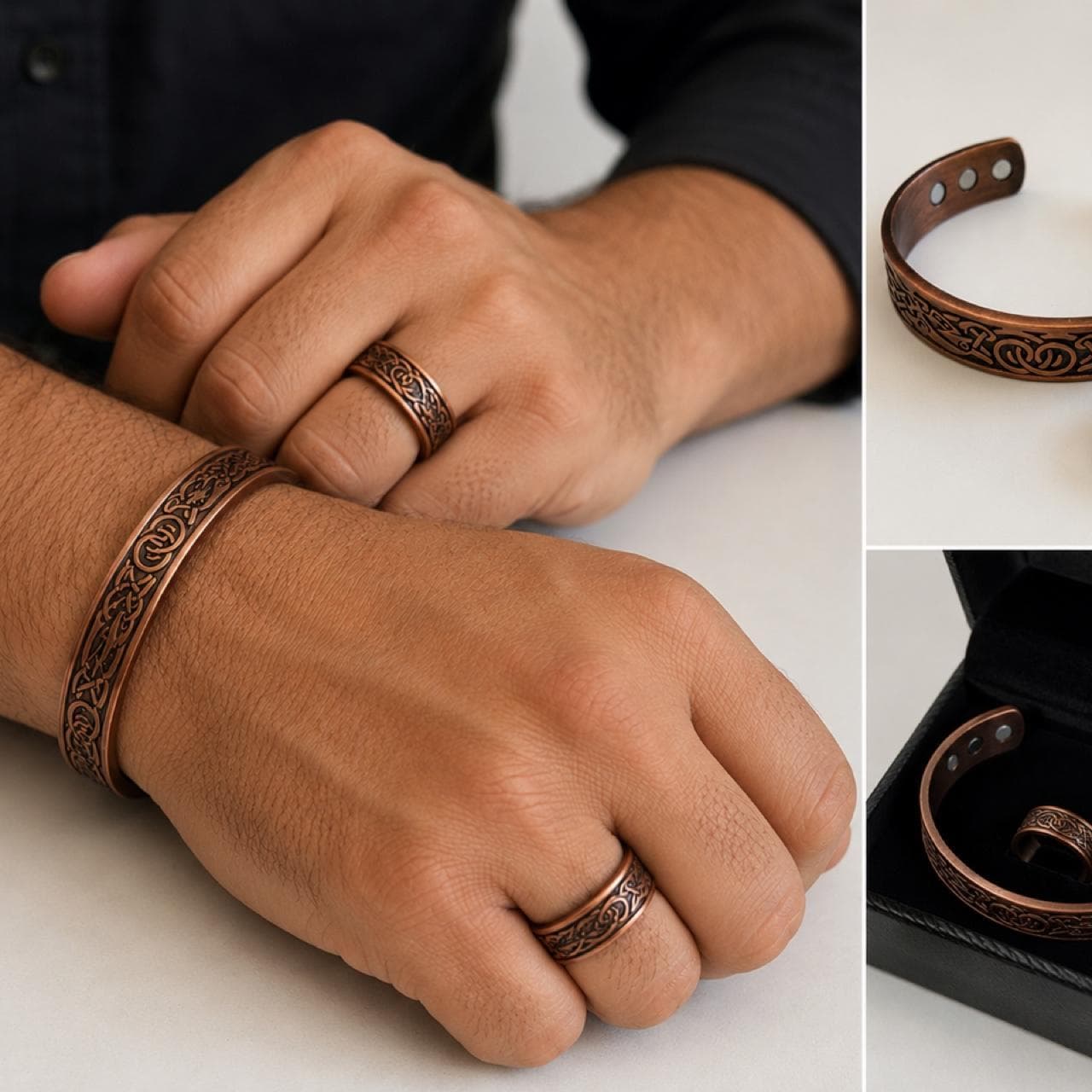 Celtic Inspired Copper Magnetic Bracelet And Matching Ring Set Unisex — photo 1 of 2